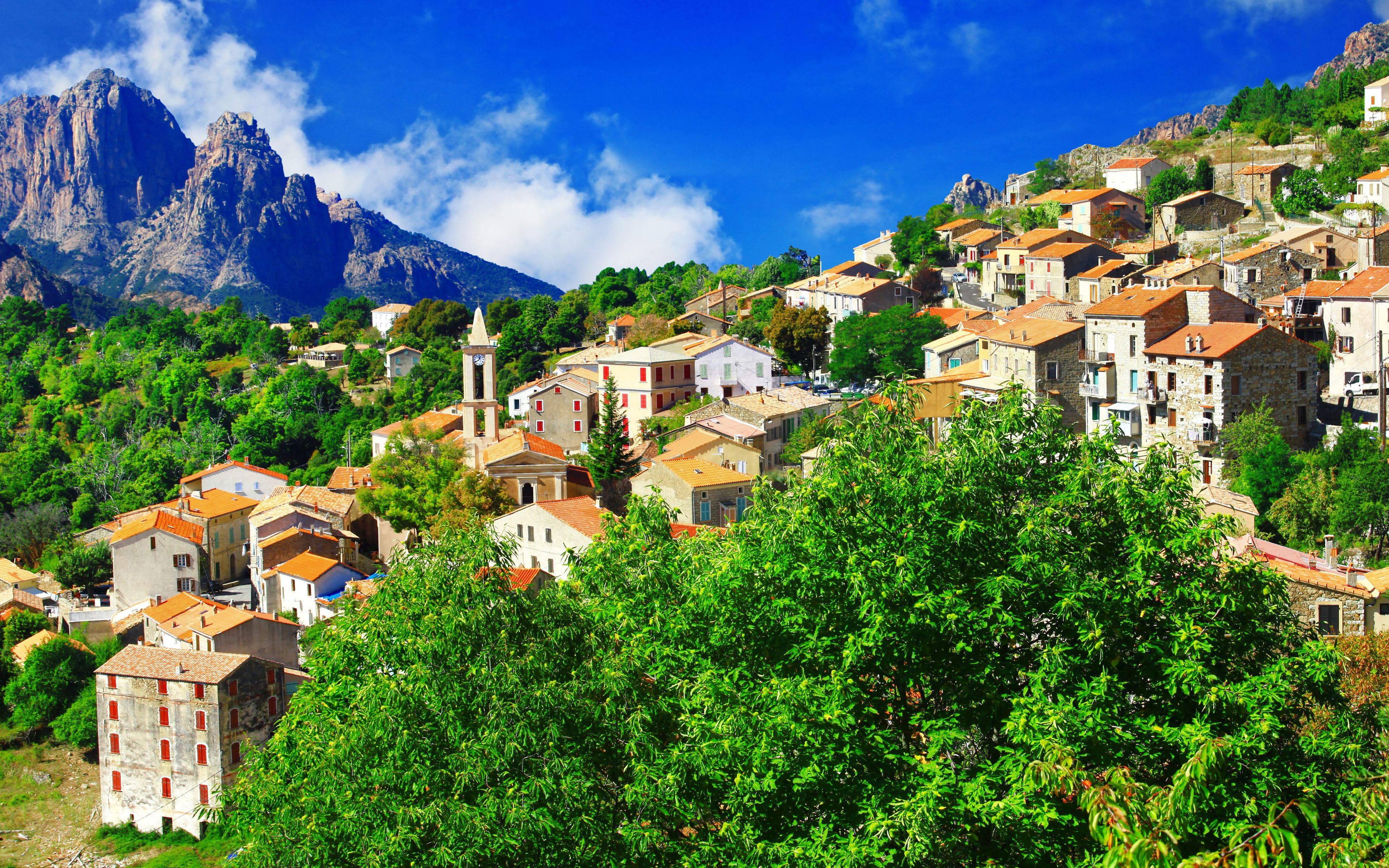 Download wallpaper Corsica, 4k, mountains, summer, village, France, Europe for desktop with resolution 3840x2400. High Quality HD picture wallpaper