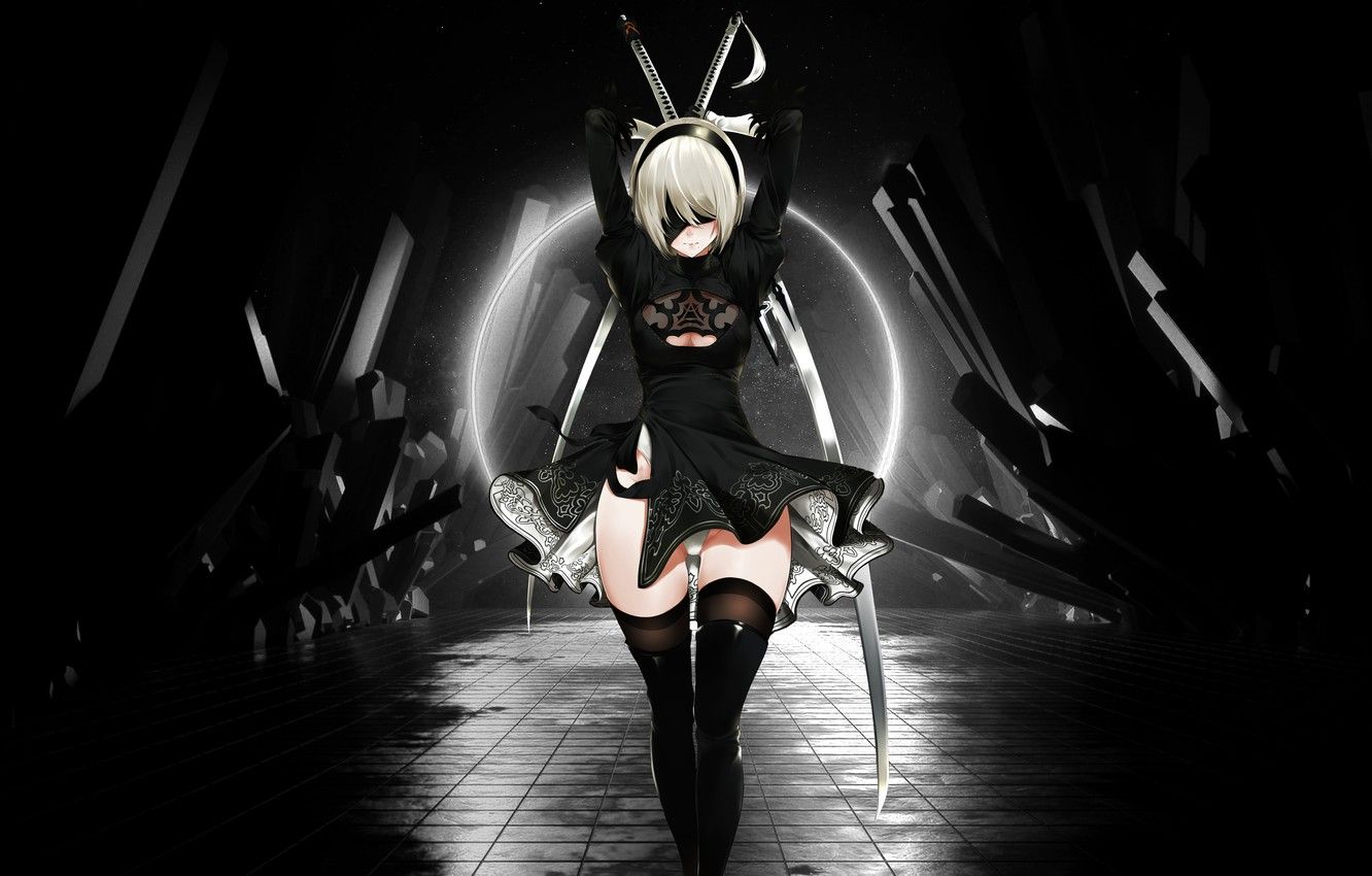 Wallpaper black & white, girl, game, anime, nier, nier: automata, nier automata image for desktop, section игры