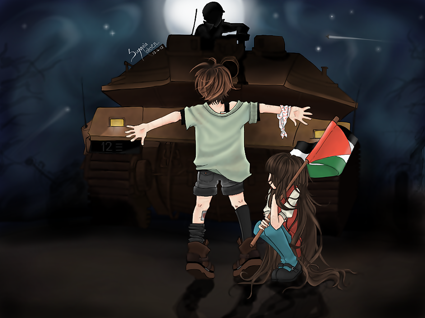 Wallpaper, Palestine, caricature, tank, children, flag 1366x1025
