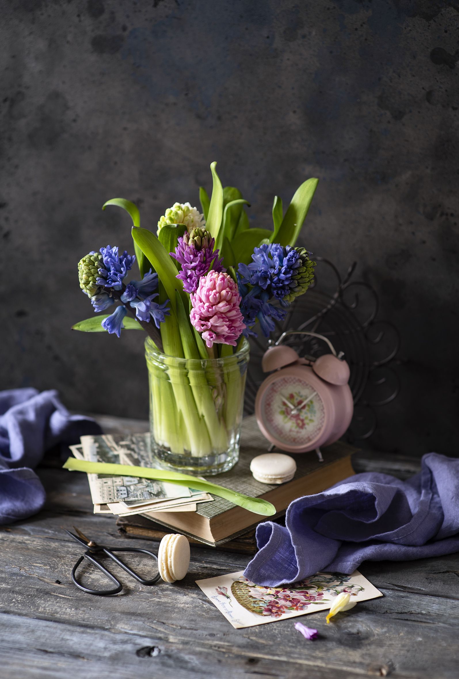 Desktop Wallpaper Macaron Flowers Alarm Clock Hyacinths Still Life