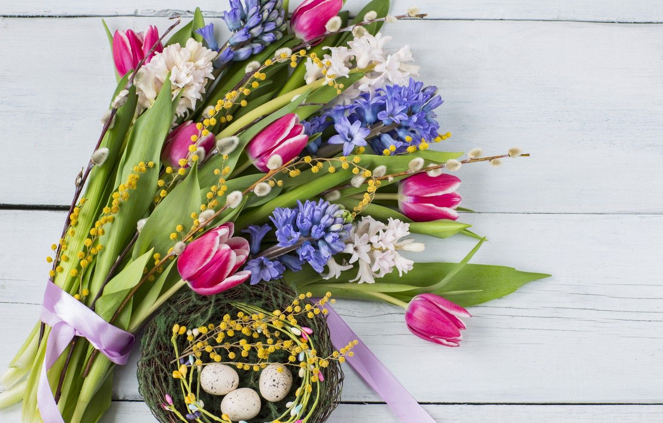Wallpaper flowers, bouquet, Easter, tulips, pink, flowers, tulips, purple, eggs, easter, hyacinths, hyacinth image for desktop, section цветы