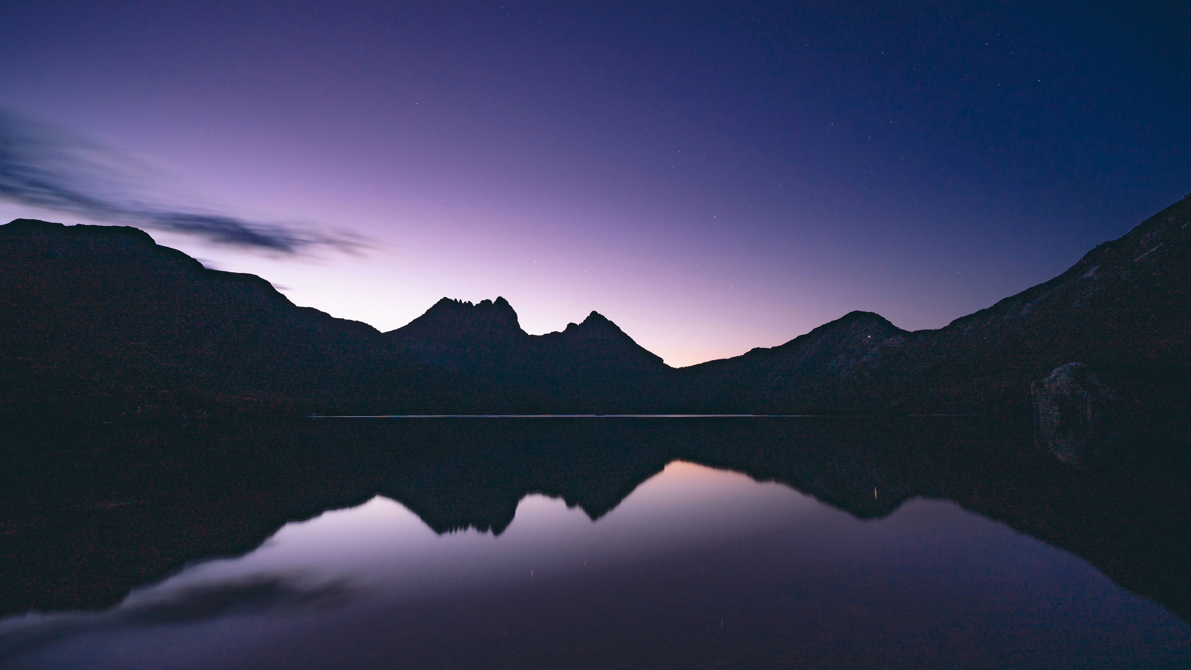 Cradle Mountain, Australia, Silhouette, Night time, Lake, Reflection, Purple Sky, Landscape, Scenery, 4k Free deskk wallpaper, Ultra HD
