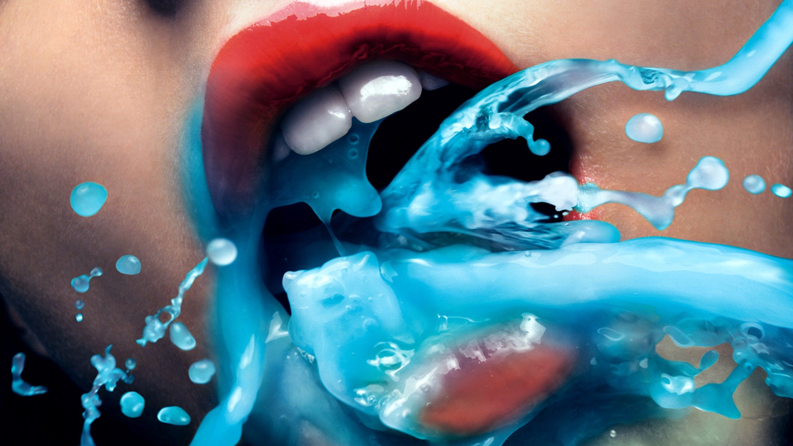 Wallpaper, digital art, women, red, artwork, blue, underwater, mouth, liquid, color, human body, organ 2560x1440