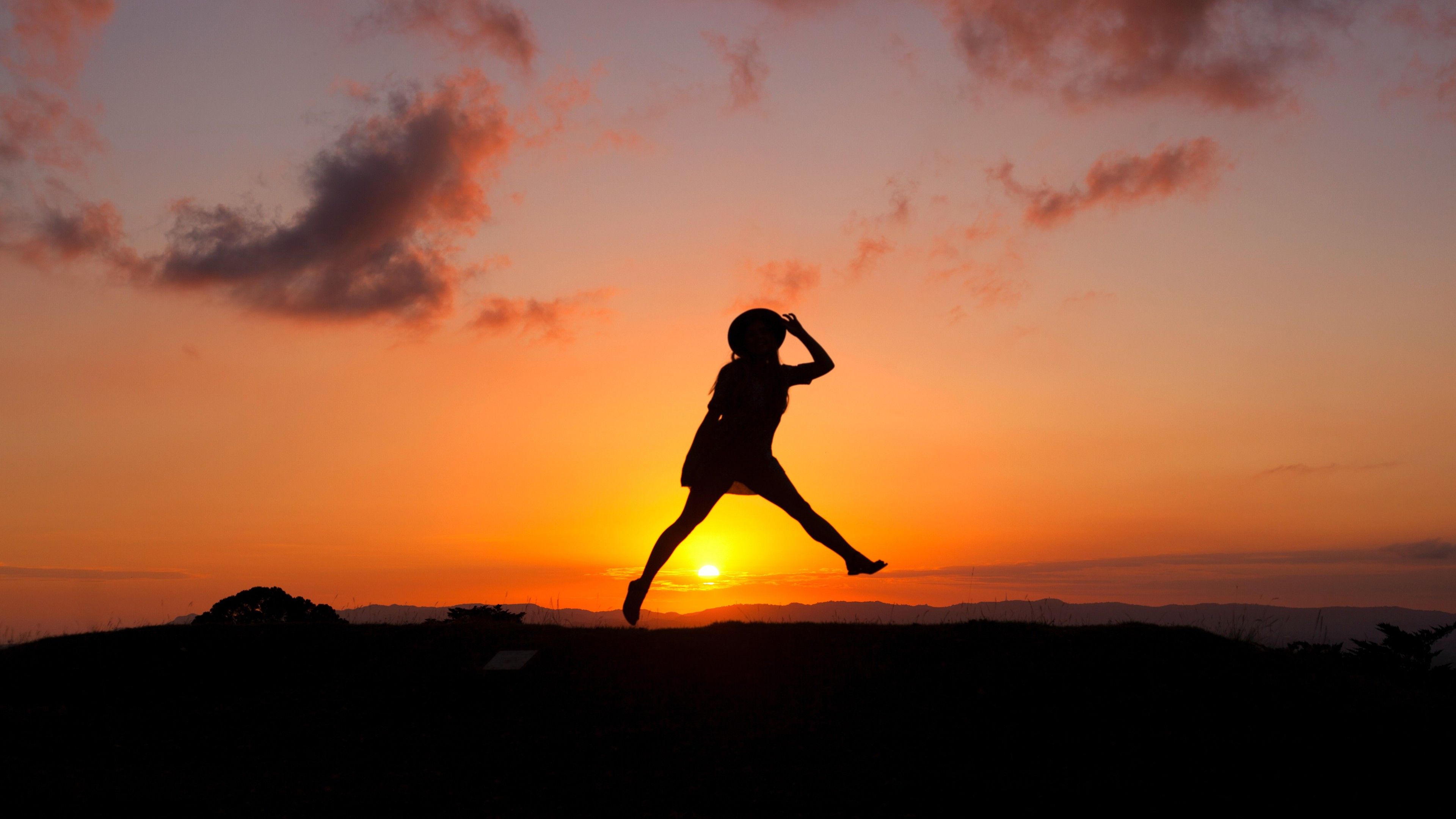 Sunrise 4K Wallpaper, Silhouette, Woman, Jumping, Girl, Clouds, Happy Mood, 5K, Photography