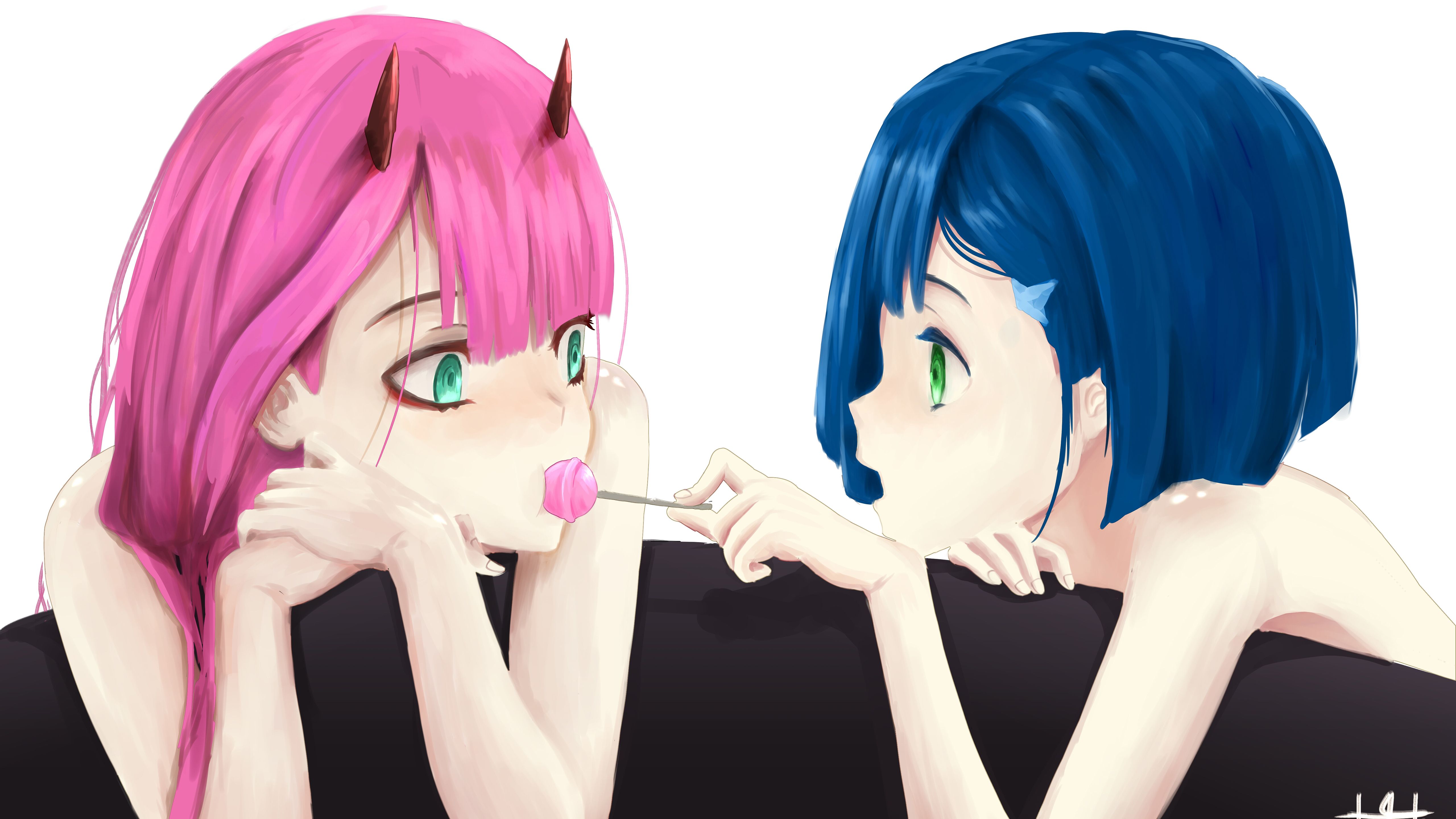 Darling In The FranXX Pink Hair Zero Two Blue Hair Ichigo With White Background 4K 5K HD Anime Wallpaper