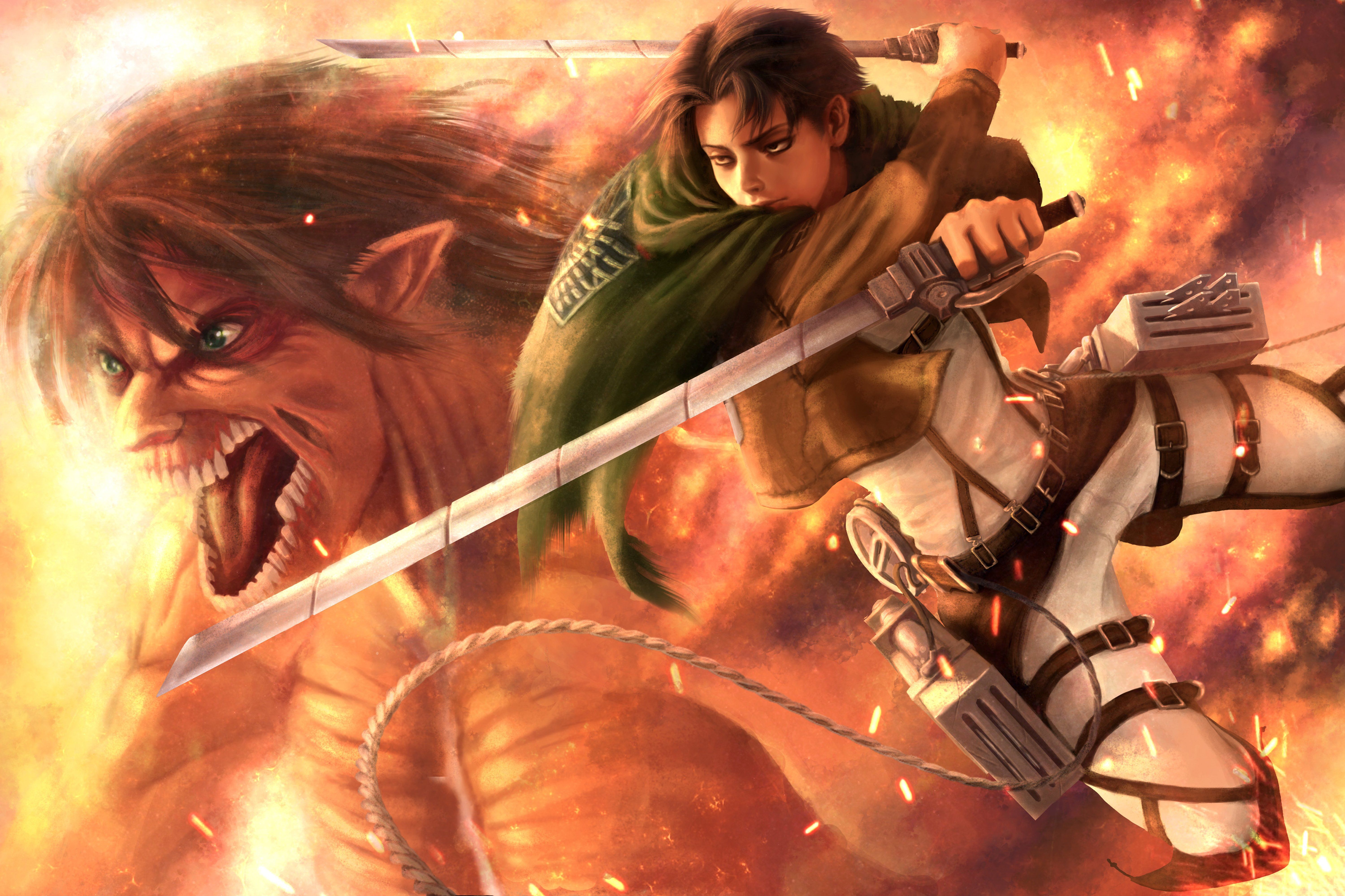 Battles Warriors Monsters Attack on titan Levi Guys Swords Anime wallpaperx4000