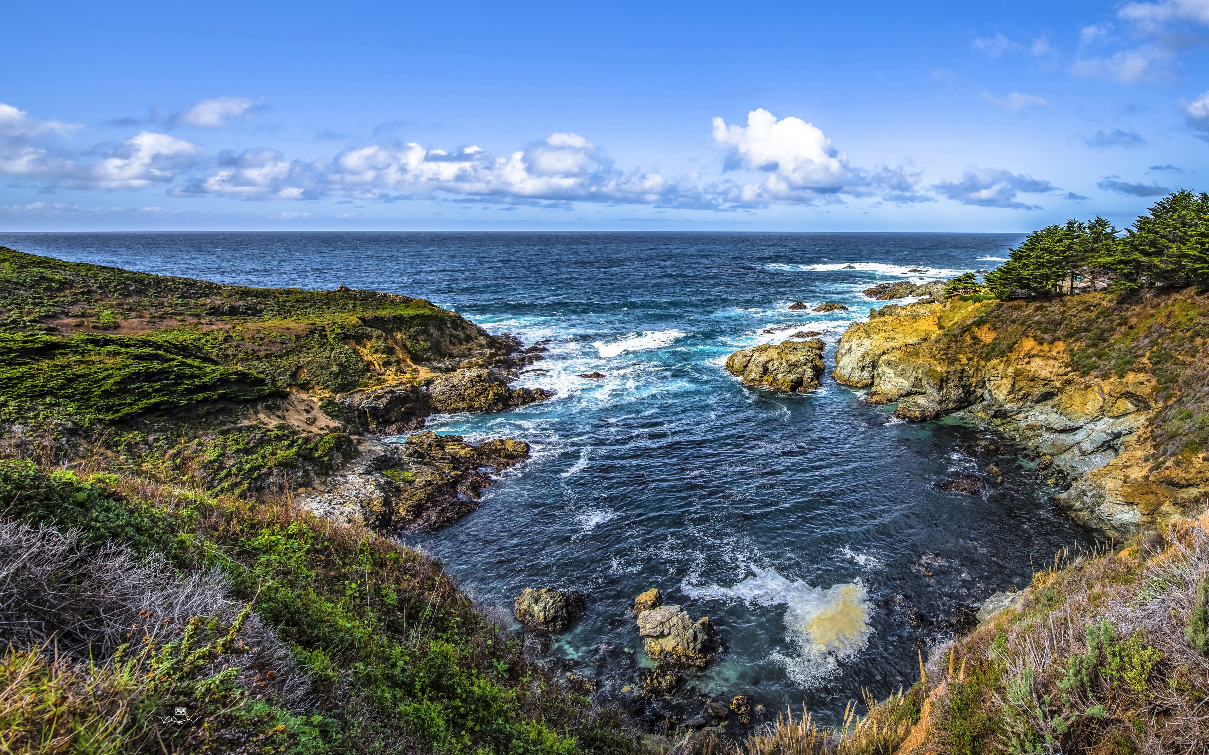Download wallpaper California, 4k, ocean, bay, harbor, rocks, America, USA for desktop with resolution 3840x2400. High Quality HD picture wallpaper
