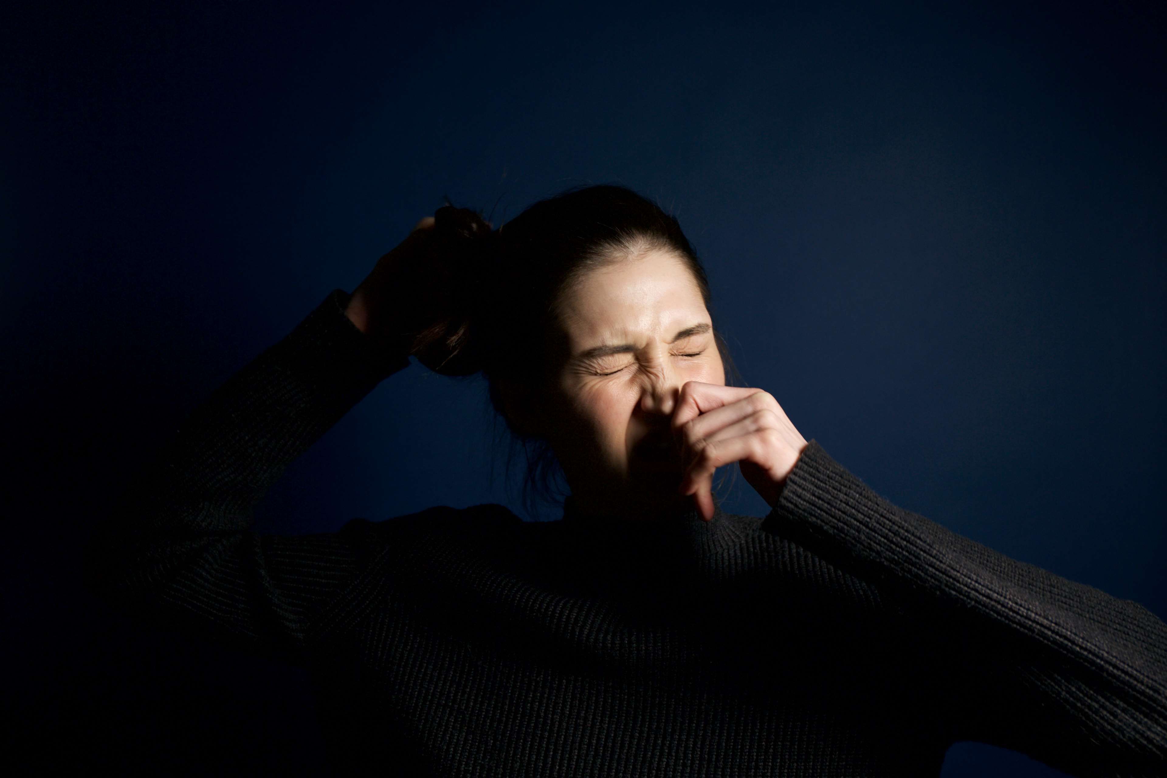 black, blue, cute, dark, emotion, expression, funny, girl, hair, hand, lighting, person, portrait, sneeze, sneezing, studio, sweater, women 4k wallpaper