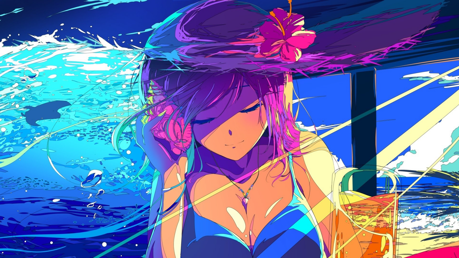 Wallpaper, manga, anime girls, minimalism, beach, summer, pink hair, sea, blue swimsuit, cocktail 1920x1080