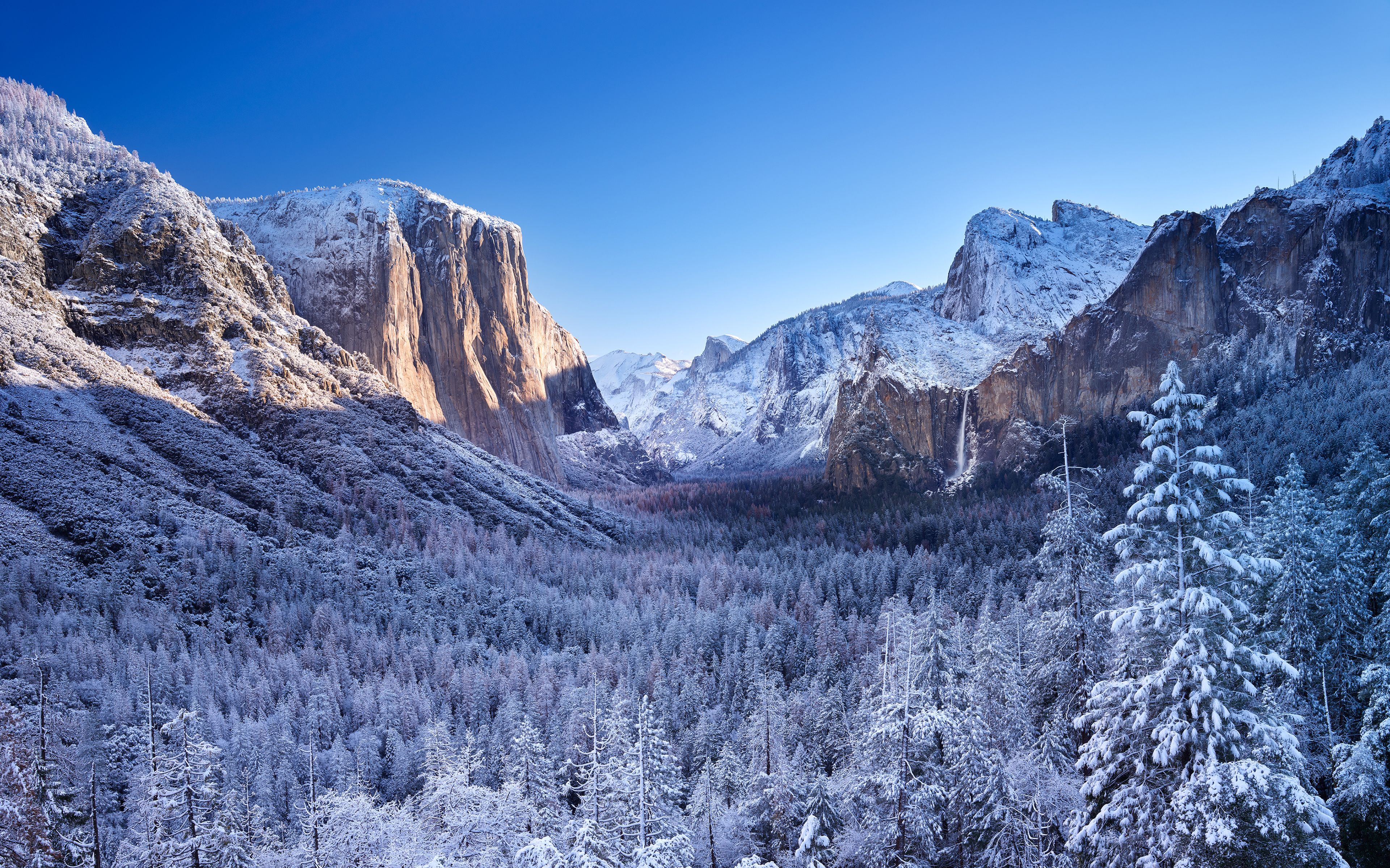 Yosemite National Park 4K Wallpaper, Mountains, Winter, Sunny day, Landscap...
