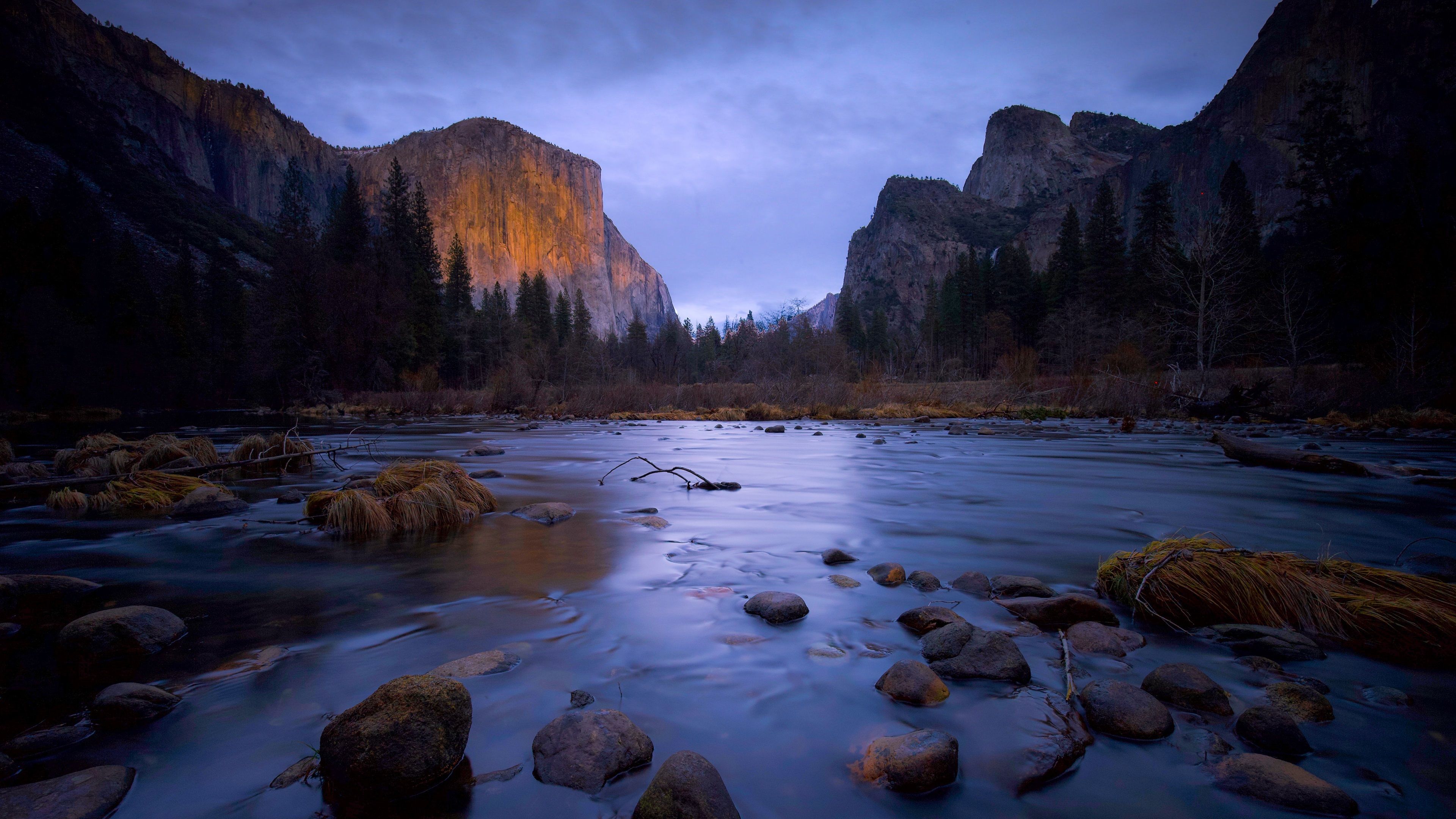 Wallpaper Mountains, trees, stones, river, Yosemite National Park 3840x2160 UHD 4K Picture, Image