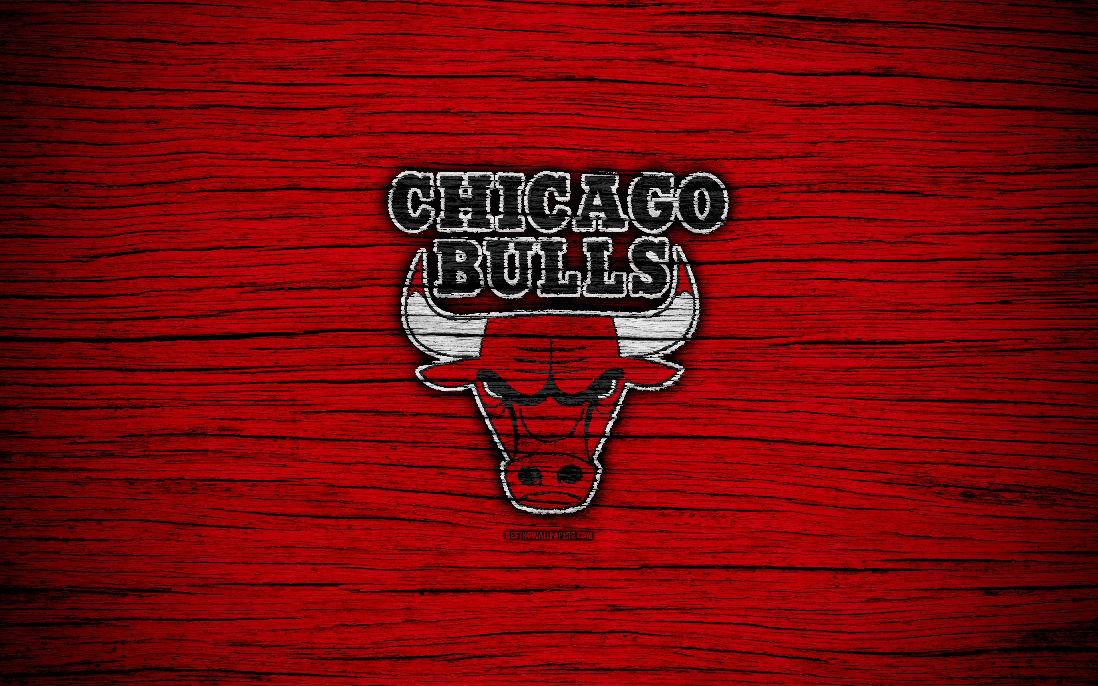 Download wallpaper 4k, Chicago Bulls, NBA, wooden texture, red background, basketball, Eastern Conference, USA, emblem, basketball club, Chicago Bulls logo for desktop with resolution 3840x2400. High Quality HD picture wallpaper