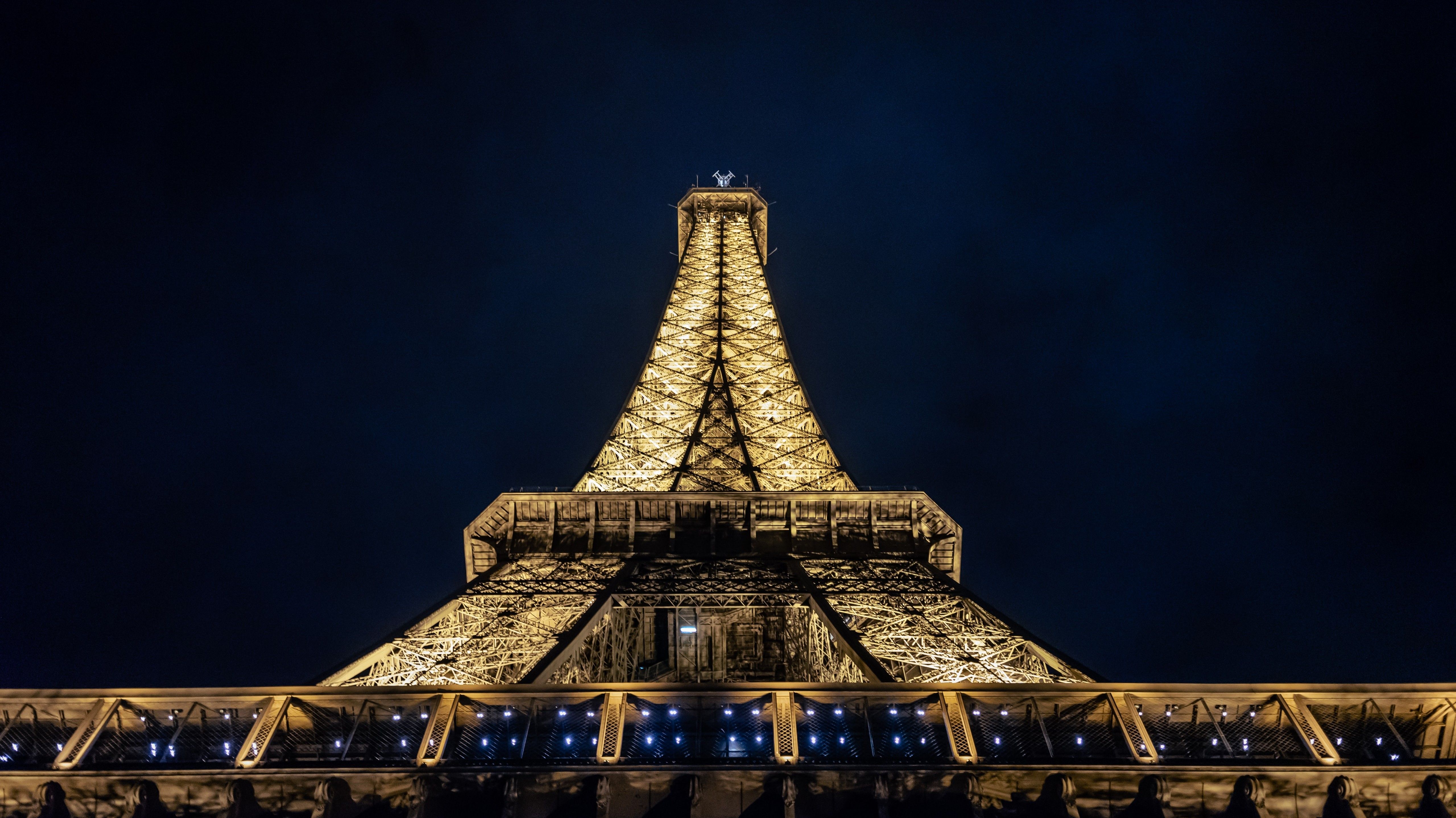 Eiffel Tower 4K Wallpaper, Paris, France, Dark background, Night, Lights, Low Angle Photography, World
