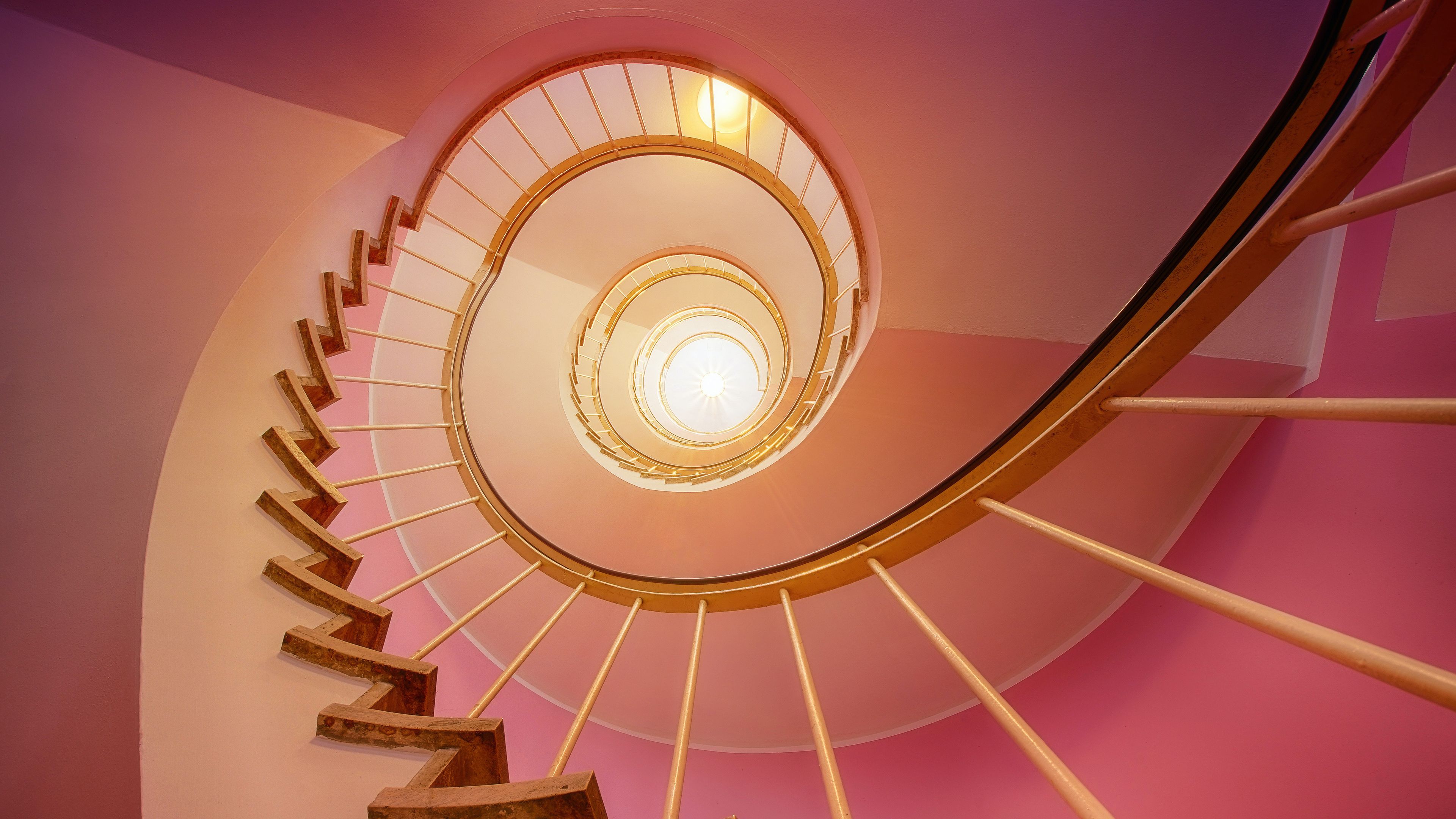 Spiral stairs, Pink, Staircase, Ambient lighting, 4k Free deskk wallpaper, Ultra HD