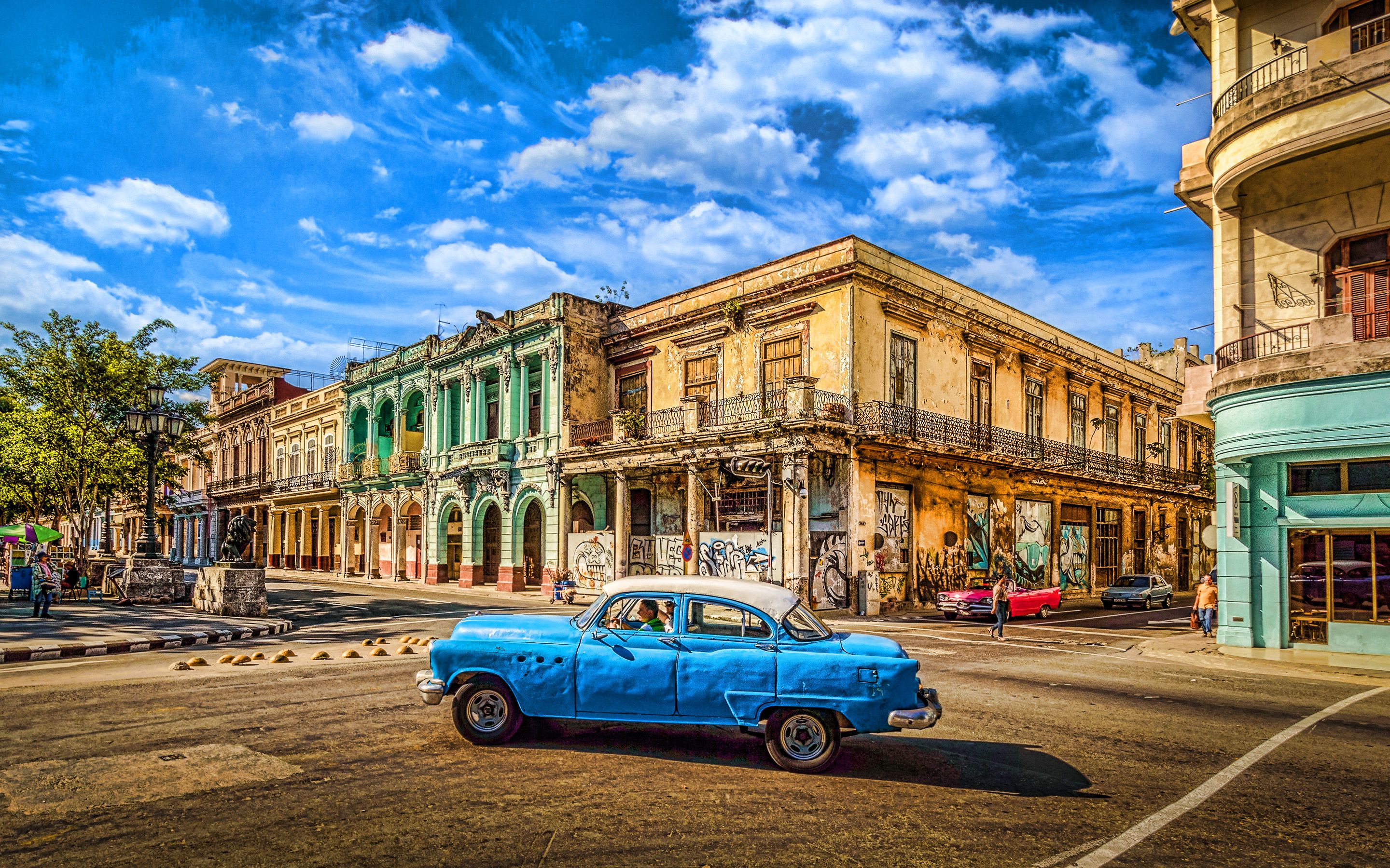Download wallpaper Havana, 4k, streets, cuban cities, blue car, HDR, Cuba, cityscapes for desktop with resolution 2880x1800. High Quality HD picture wallpaper