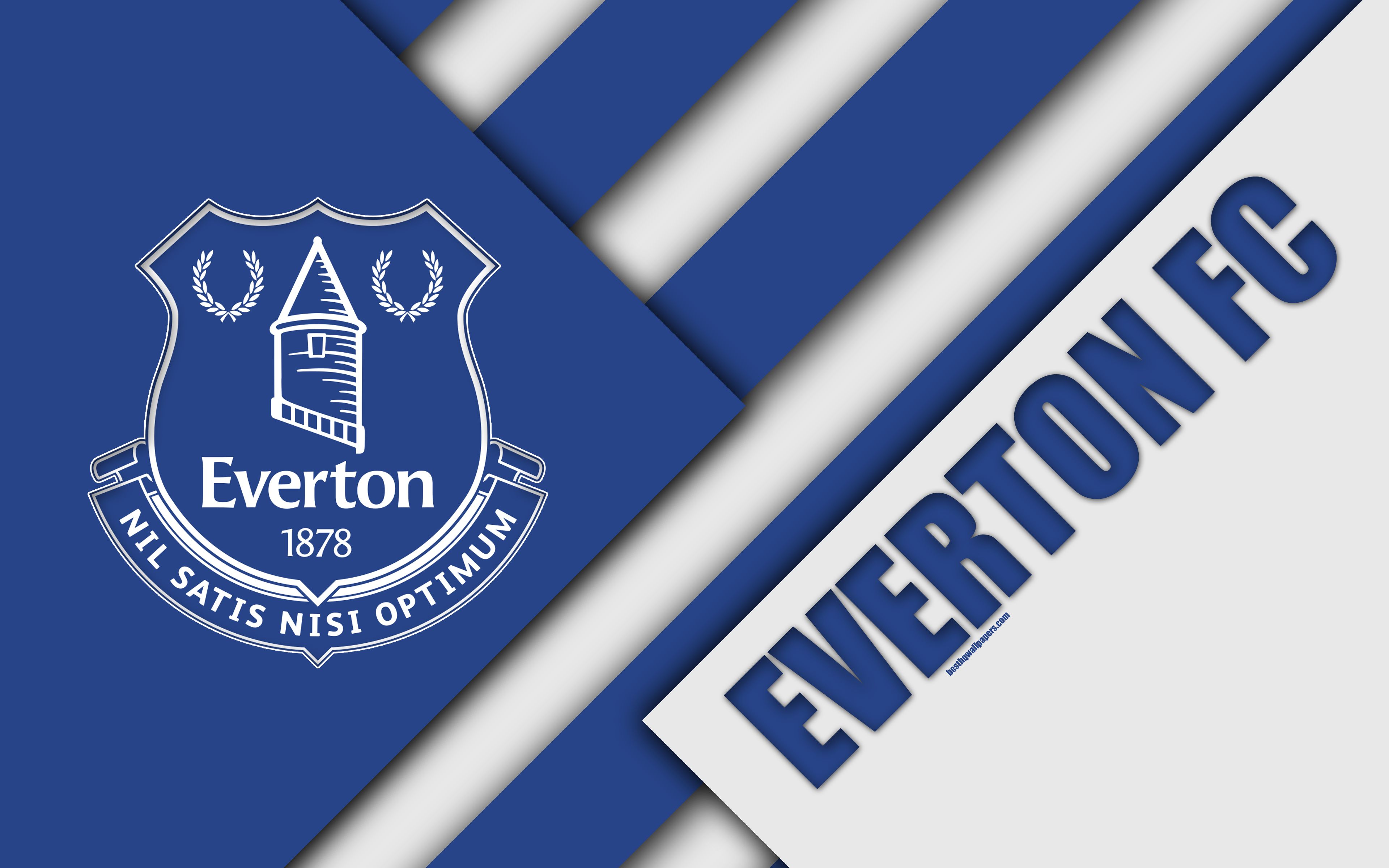 Download wallpaper Everton FC, logo, 4k, material design, blue white abstraction, football, Liverpool, England, UK, Premier League, English football club for desktop with resolution 3840x2400. High Quality HD picture wallpaper