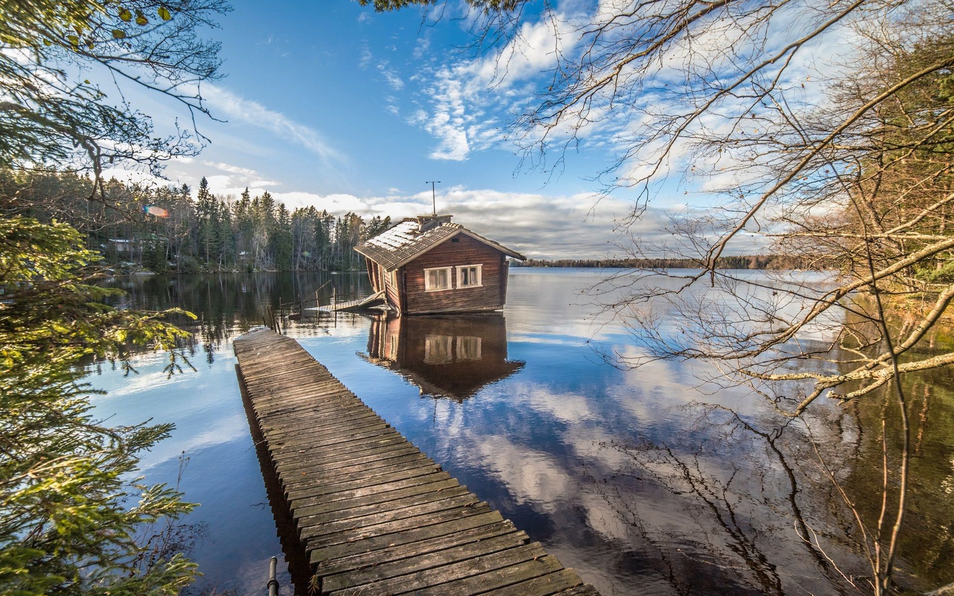 Wallpaper Finland, lake, house, pier, trees, clouds, sky 1920x1200 HD Picture, Image