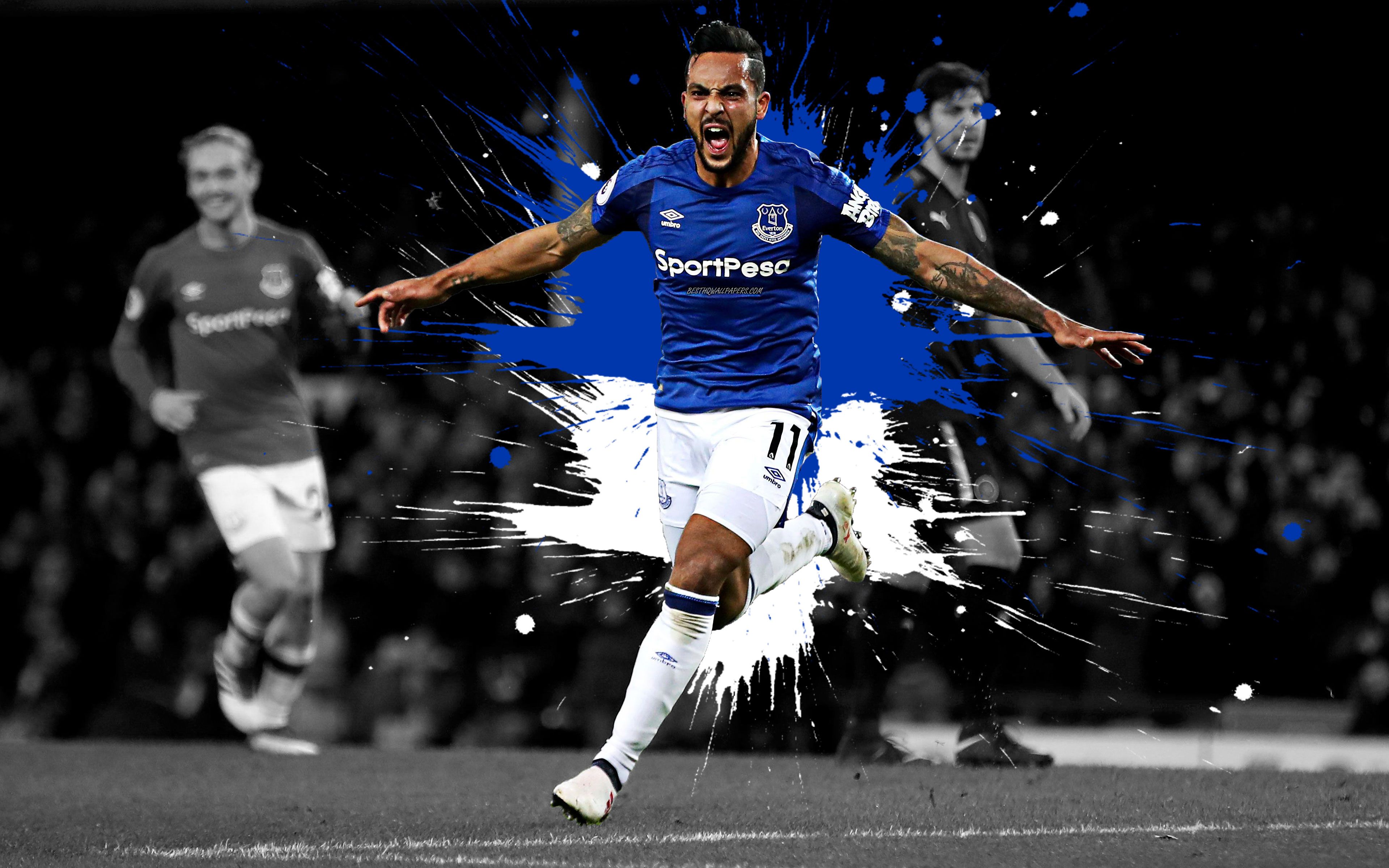 Download wallpaper Theo Walcott, 4k, art, Everton FC, English football player, splashes of paint, grunge art, creative art, Premier League, England, football for desktop with resolution 3840x2400. High Quality HD picture wallpaper