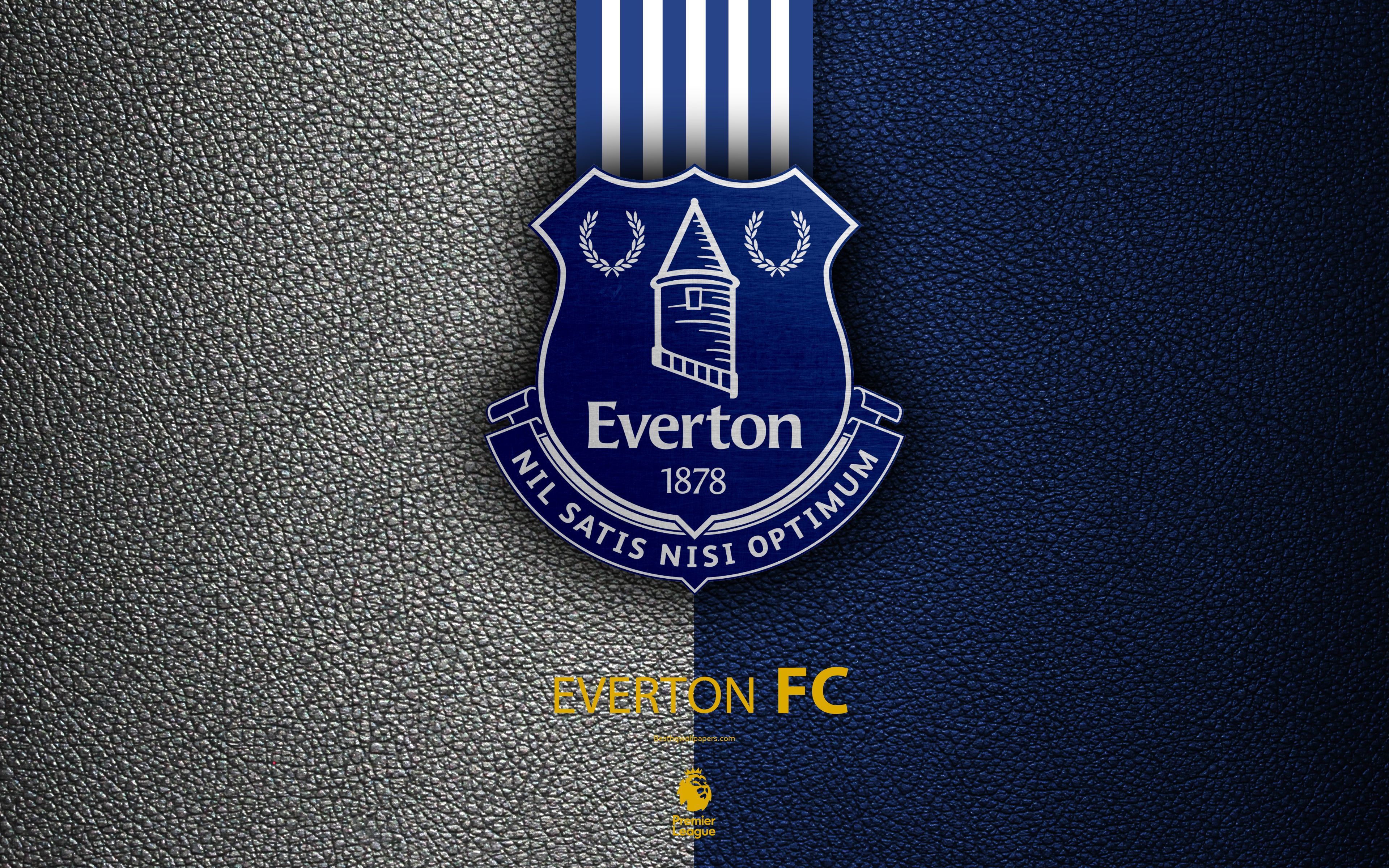 Download wallpaper Everton FC, 4K, English football club, leather texture, Premier League, Everton logo, emblem, Liverpool, England, United Kingdom, football for desktop with resolution 3840x2400. High Quality HD picture wallpaper