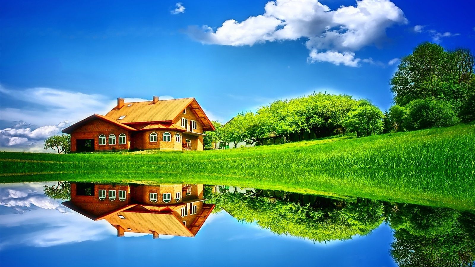 Summer, lake, house, trees, grass, water reflection Desktop Wallpaperx900 wallpaper download