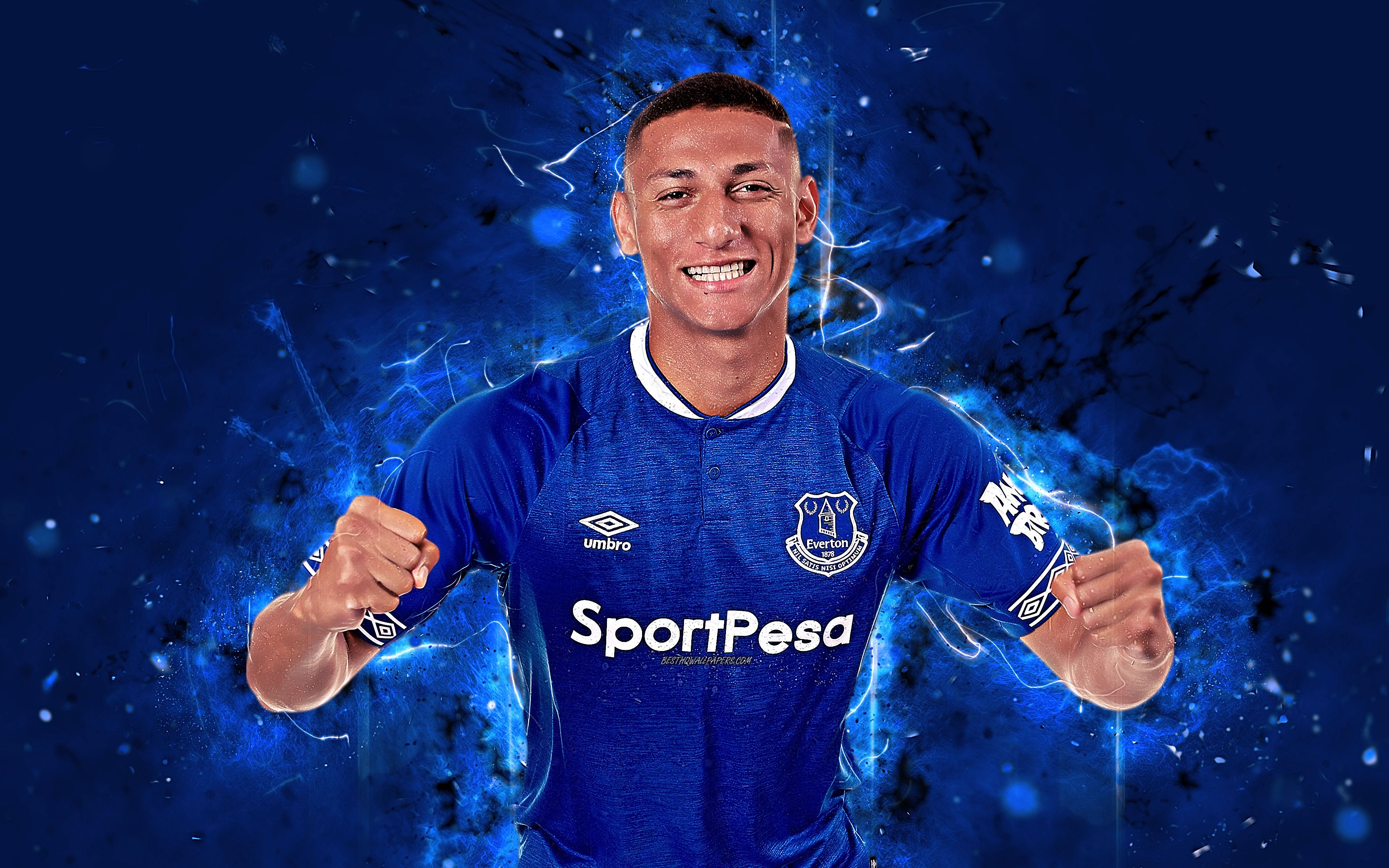 Download wallpaper 4k, Richarlison, abstract art, football stars, Everton, soccer, Richarlison de Andrade, Premier League, footballers, neon lights, Everton FC for desktop with resolution 3840x2400. High Quality HD picture wallpaper