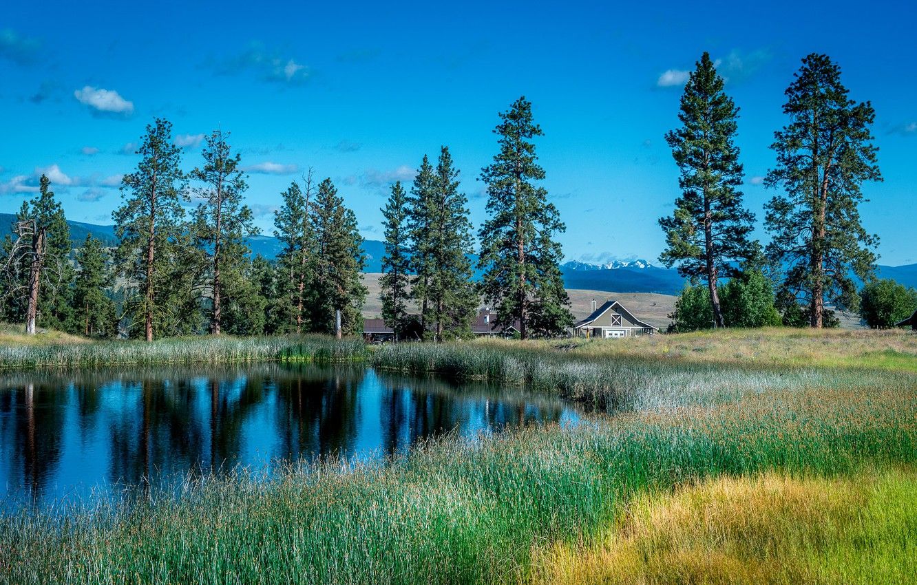 Wallpaper summer, the sky, grass, clouds, trees, mountains, comfort, lake, house, reflection, blue, blue, shore, glade, village, meadow image for desktop, section пейзажи