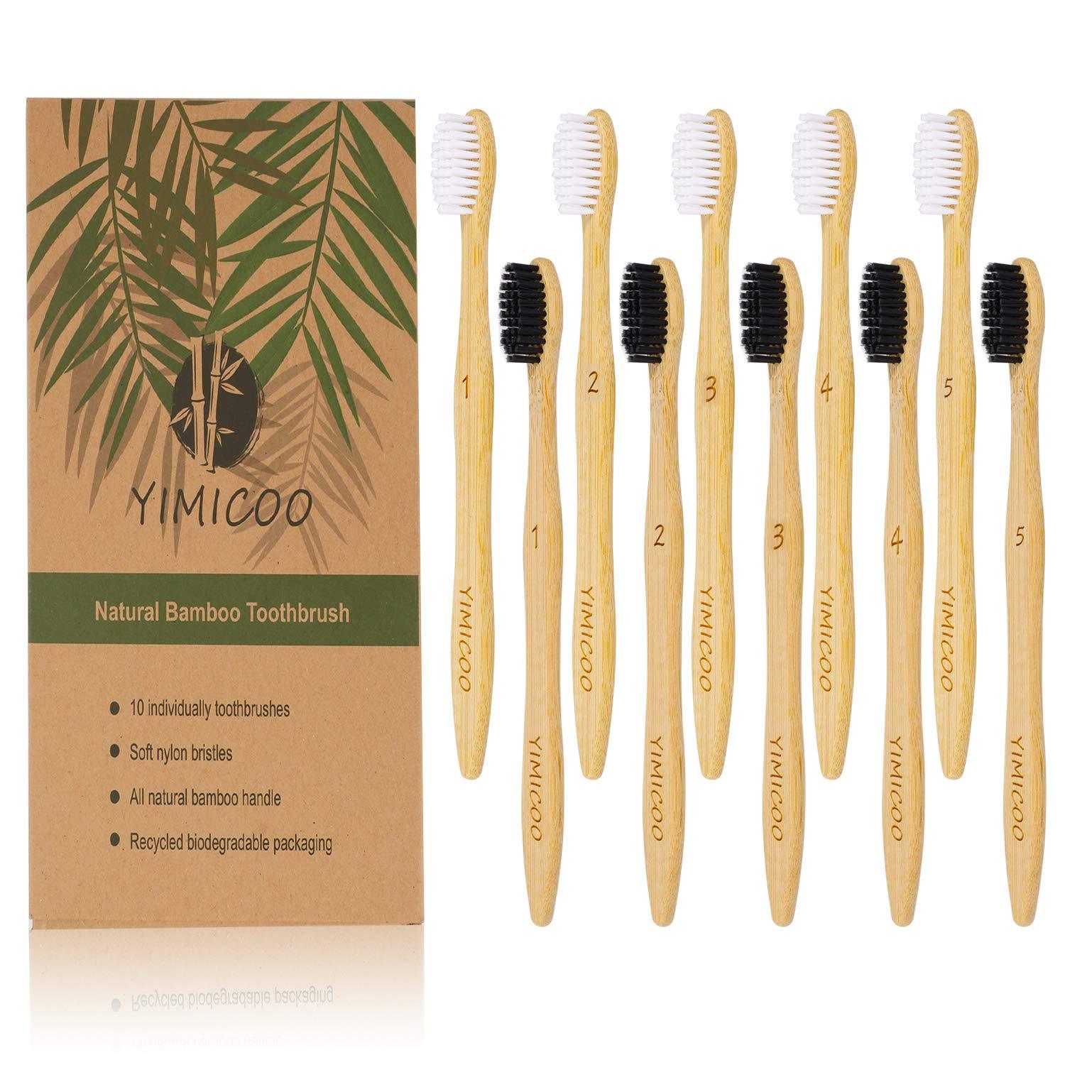 Charcoal Bamboo Toothbrush, YIMICOO Biodegradable Natural Organic Toothbrushes Eco Friendly Soft BPA Bristles (Packs Of Black And White Bristles)