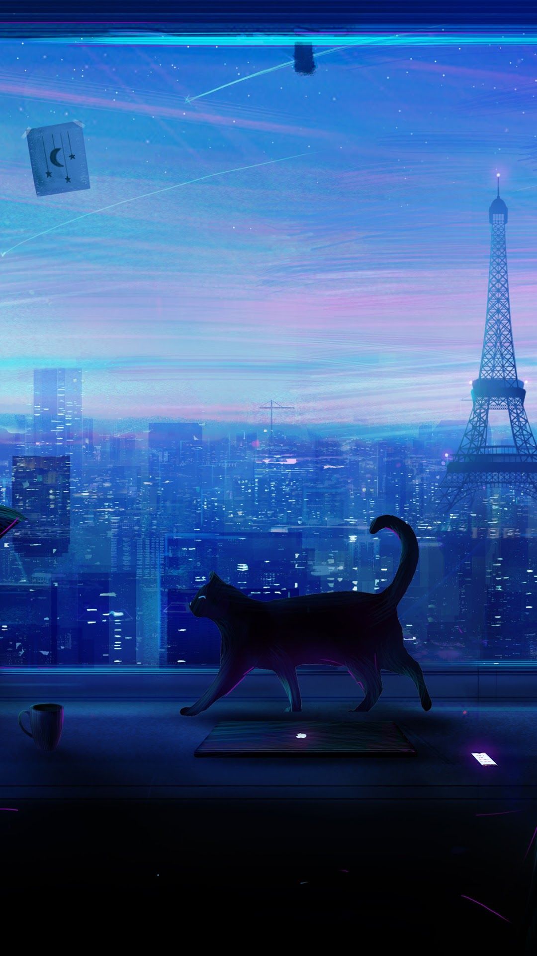 Cat City Night Scenery Anime 4K Wallpaper