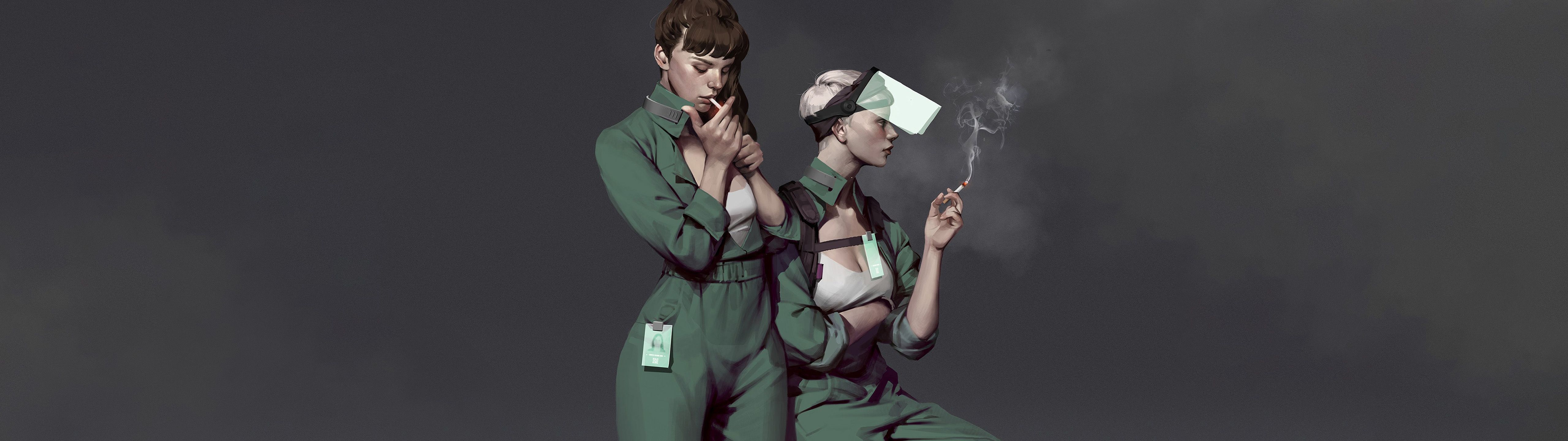 Ultrawide Digital Art Siwoo Kim Women Smoking Break Time Wallpaper:5120x1440