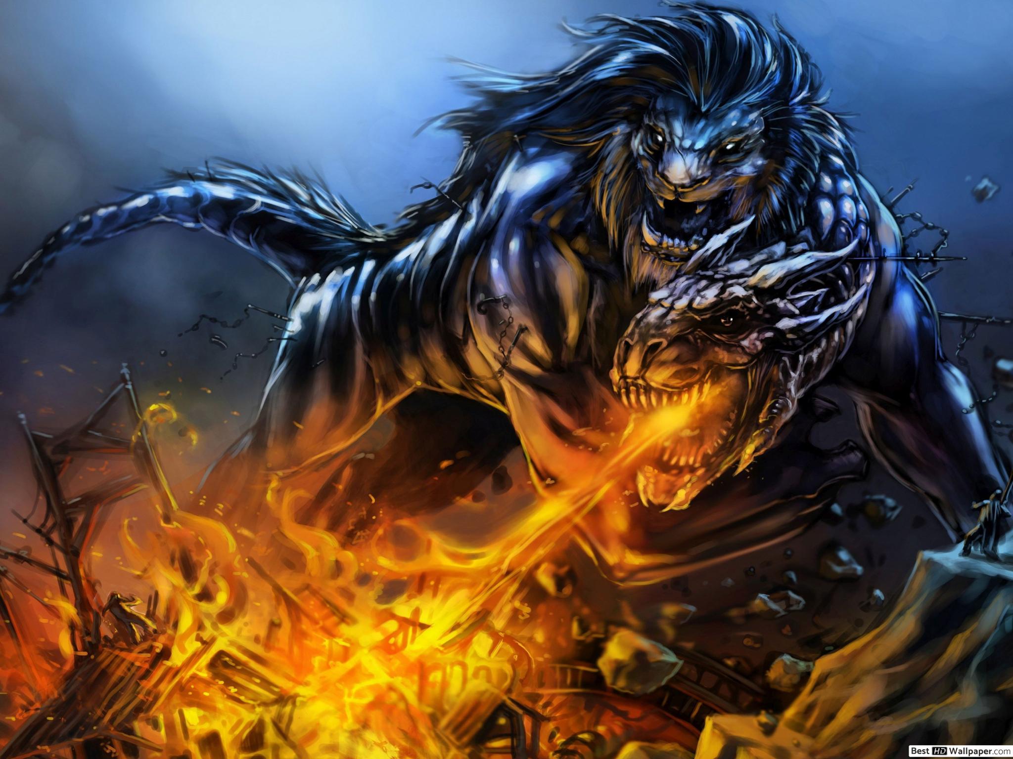 Fantasy Dragon and Lion HD wallpaper download