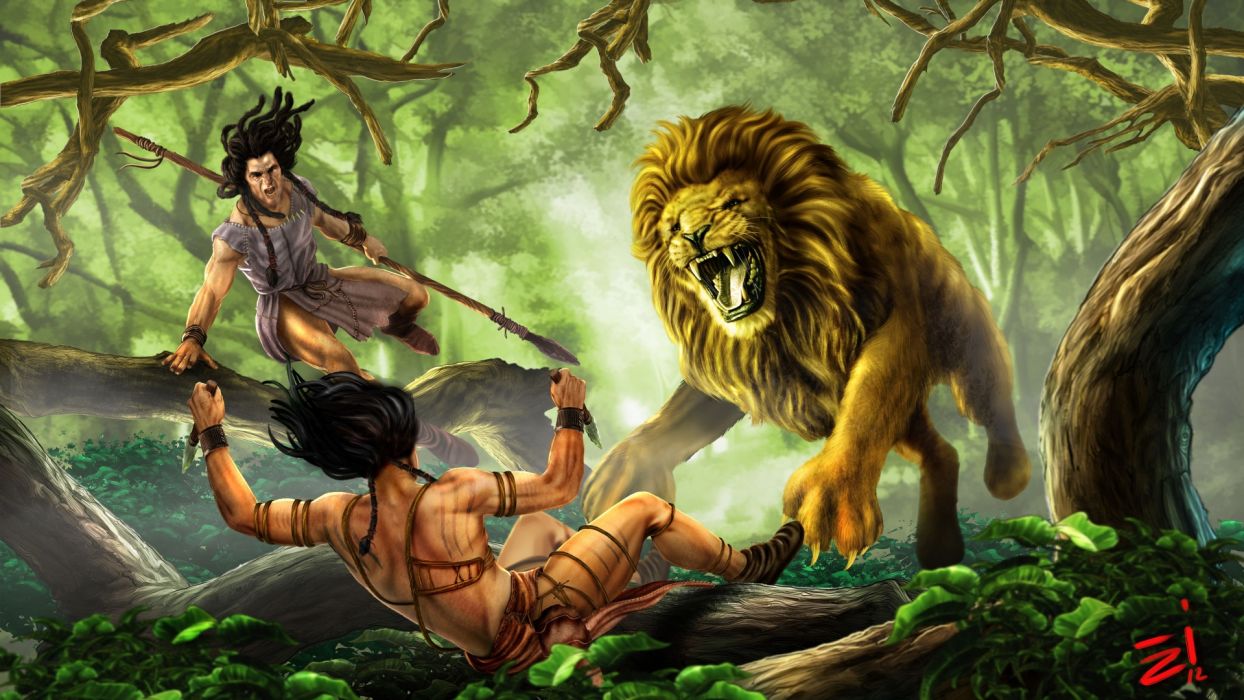 Lion predator fantasy art trees jungles forest battle weapons warriors men males boy wallpaperx1080