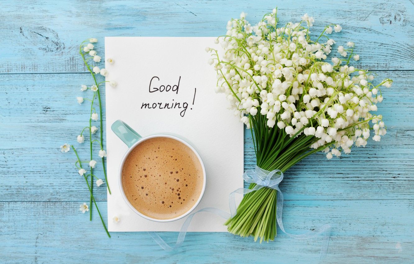 Wallpaper flowers, coffee, bouquet, morning, Cup, lilies of the valley, wood, flowers, cup, Good Morning, coffee, lily image for desktop, section настроения