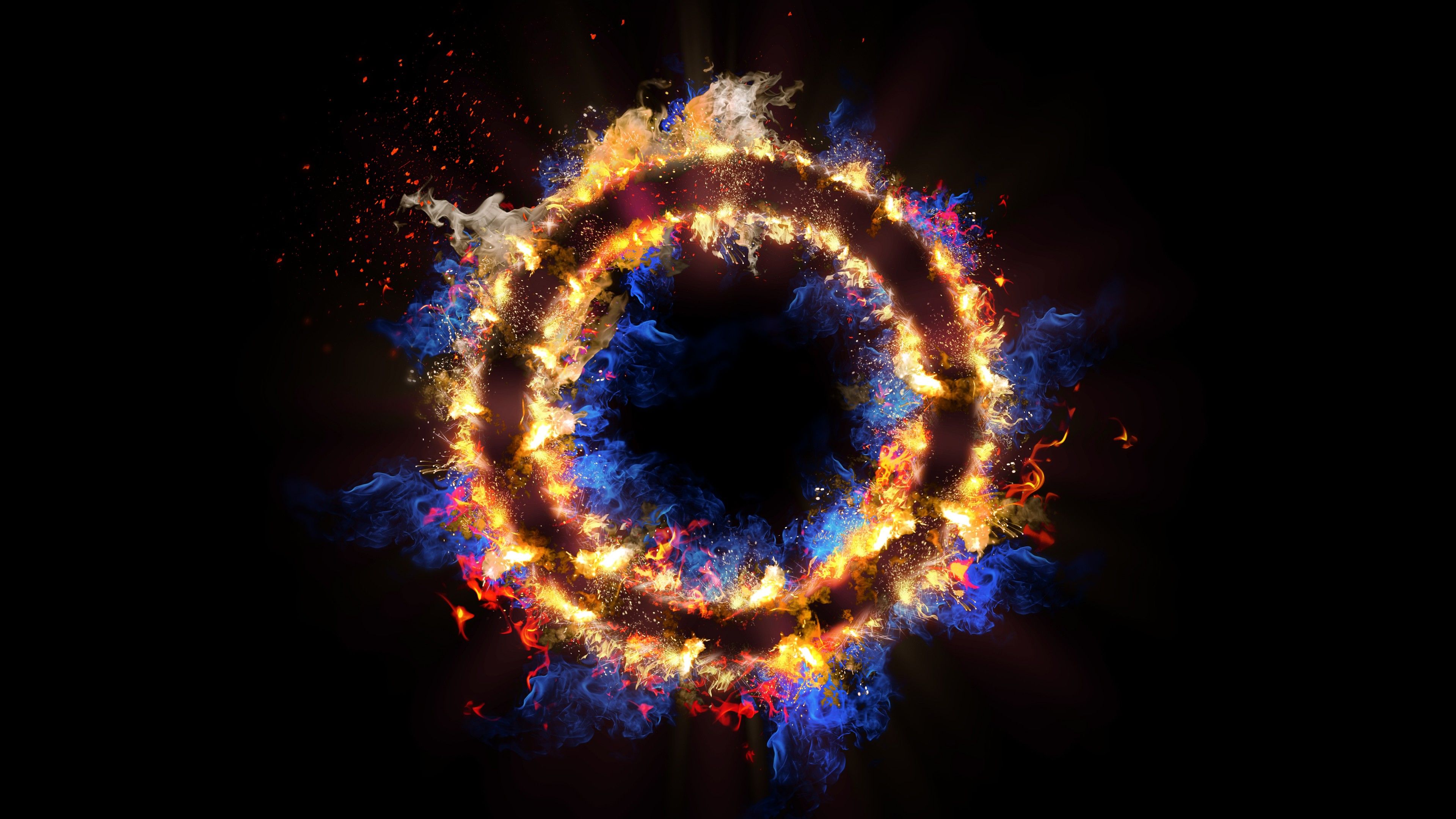 Fire ring 4K Wallpaper, Energy, Black background, Flames, Circle, 5K, Abstract
