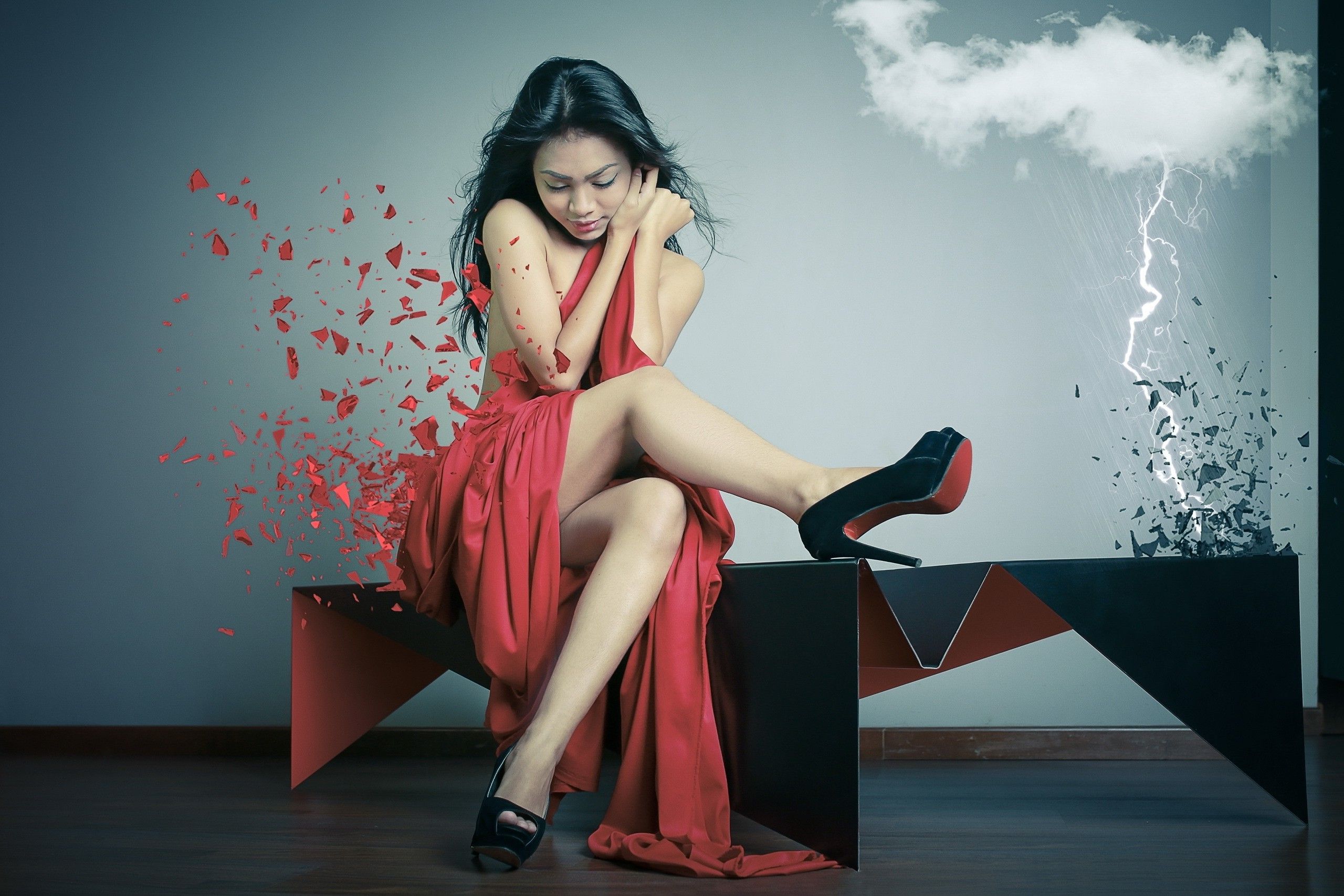 Wallpaper, women, red, Asian, sitting, photography, dress, fashion, Louboutin, spring, Person, girl, beauty, woman, lady, photograph, human positions, photo shoot, art model, 2560x1707 px 2560x1707