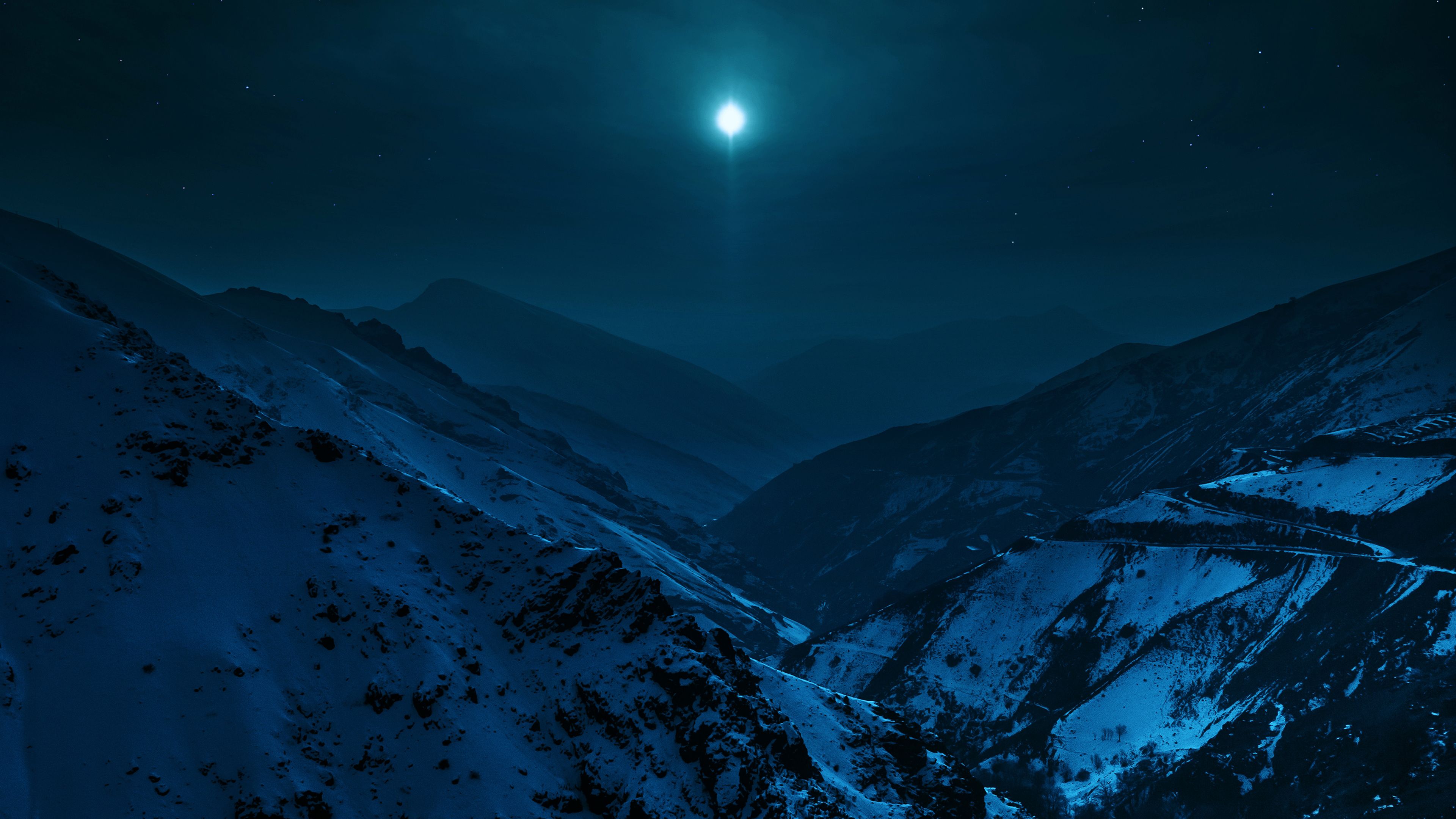 Snow Covered Mountain With Background Of Dark Sky And Moon During Nighttime 4K HD Nature Wallpaper
