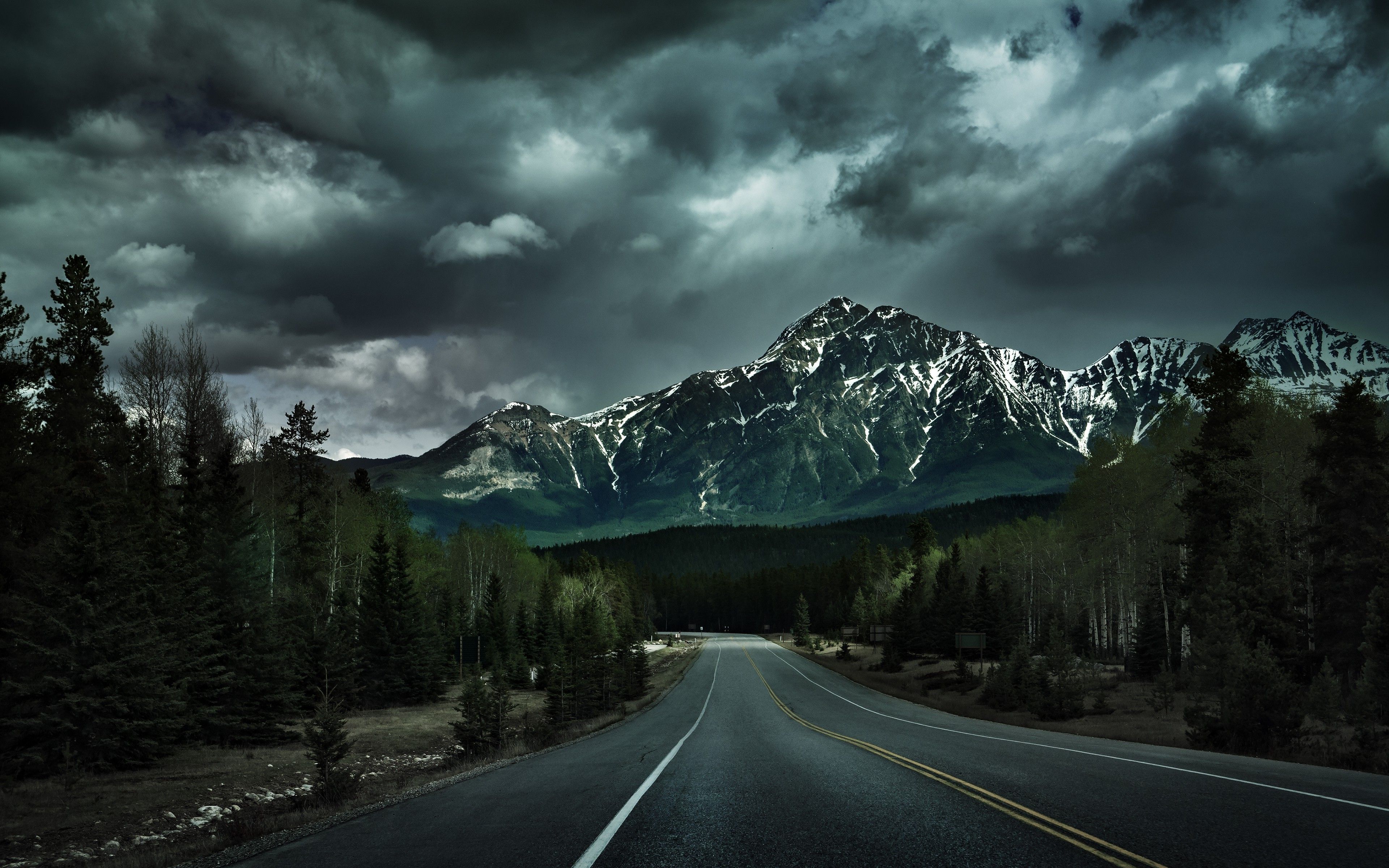 Wallpaper, 3840x2400 px, Canada, clouds, dark, forest, hill, landscape, lines, mountain, nature, pine trees, road sign, snowy peak 3840x2400