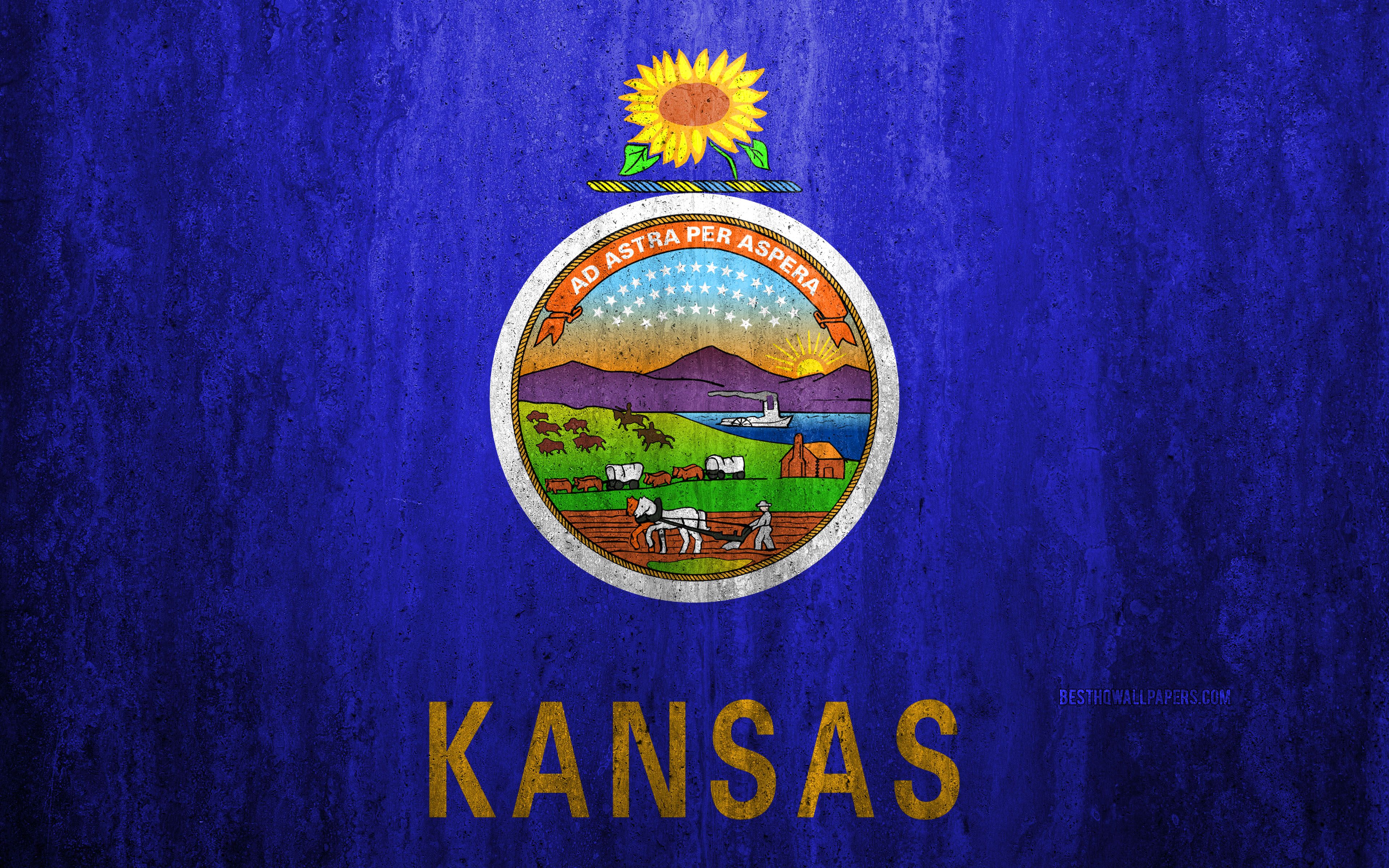 Download wallpaper Flag of Kansas, 4k, stone background, American state, grunge flag, Kansas flag, USA, grunge art, Kansas, flags of US states for desktop with resolution 3840x2400. High Quality HD picture wallpaper