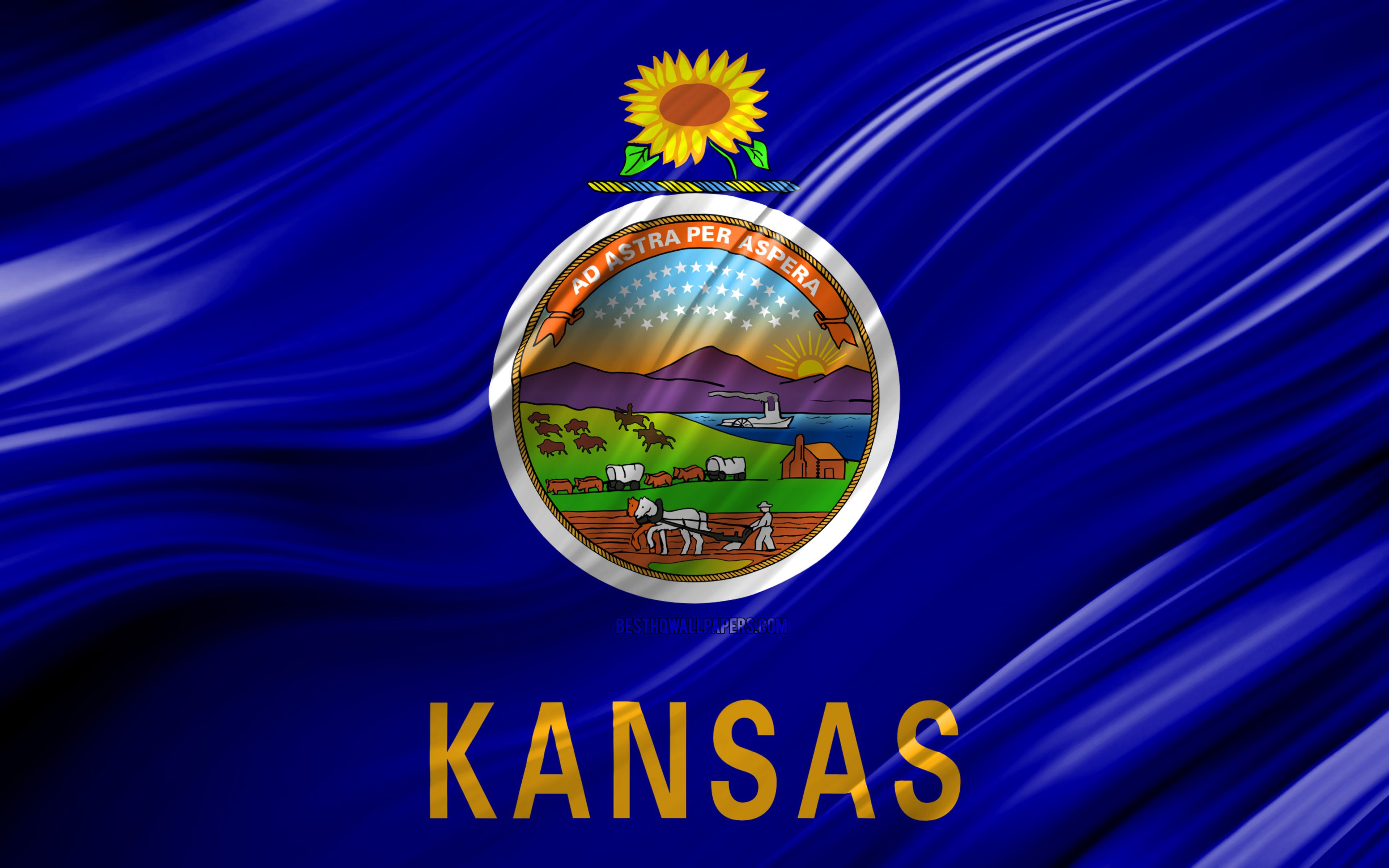 Download wallpaper 4k, Kansas flag, american states, 3D waves, USA, Flag of Kansas, United States of America, Kansas, administrative districts, Kansas 3D flag, States of the United States for desktop with resolution