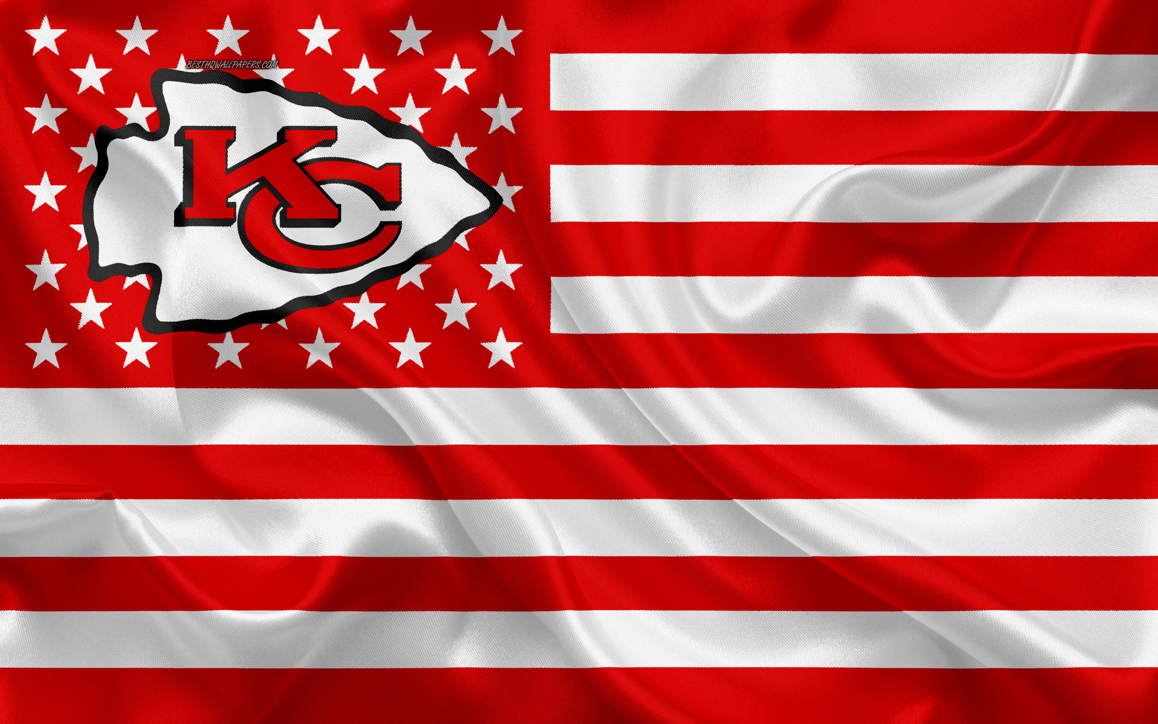 Download Wallpaper Kansas City Chiefs, American Football Team, Creative American Flag, Red White Flag, NFL, Kansas City, Missouri, USA, Logo, Emblem, Silk Flag, National Football League, American Football For Desktop With Resolution 3840x2400