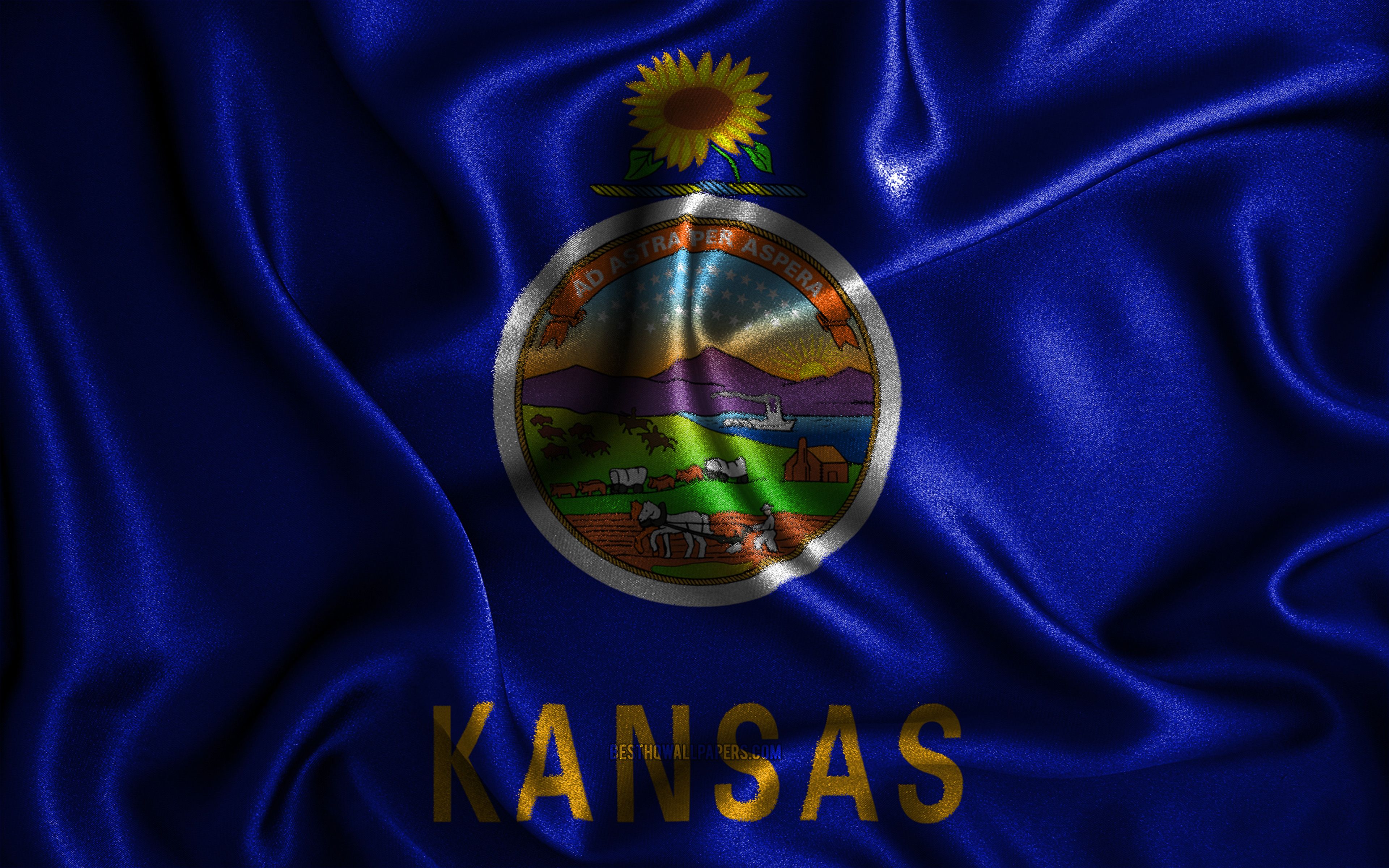 Download wallpaper Kansas flag, 4k, silk wavy flags, american states, USA, Flag of Kansas, fabric flags, 3D art, Kansas, United States of America, Kansas 3D flag, US states for desktop with resolution