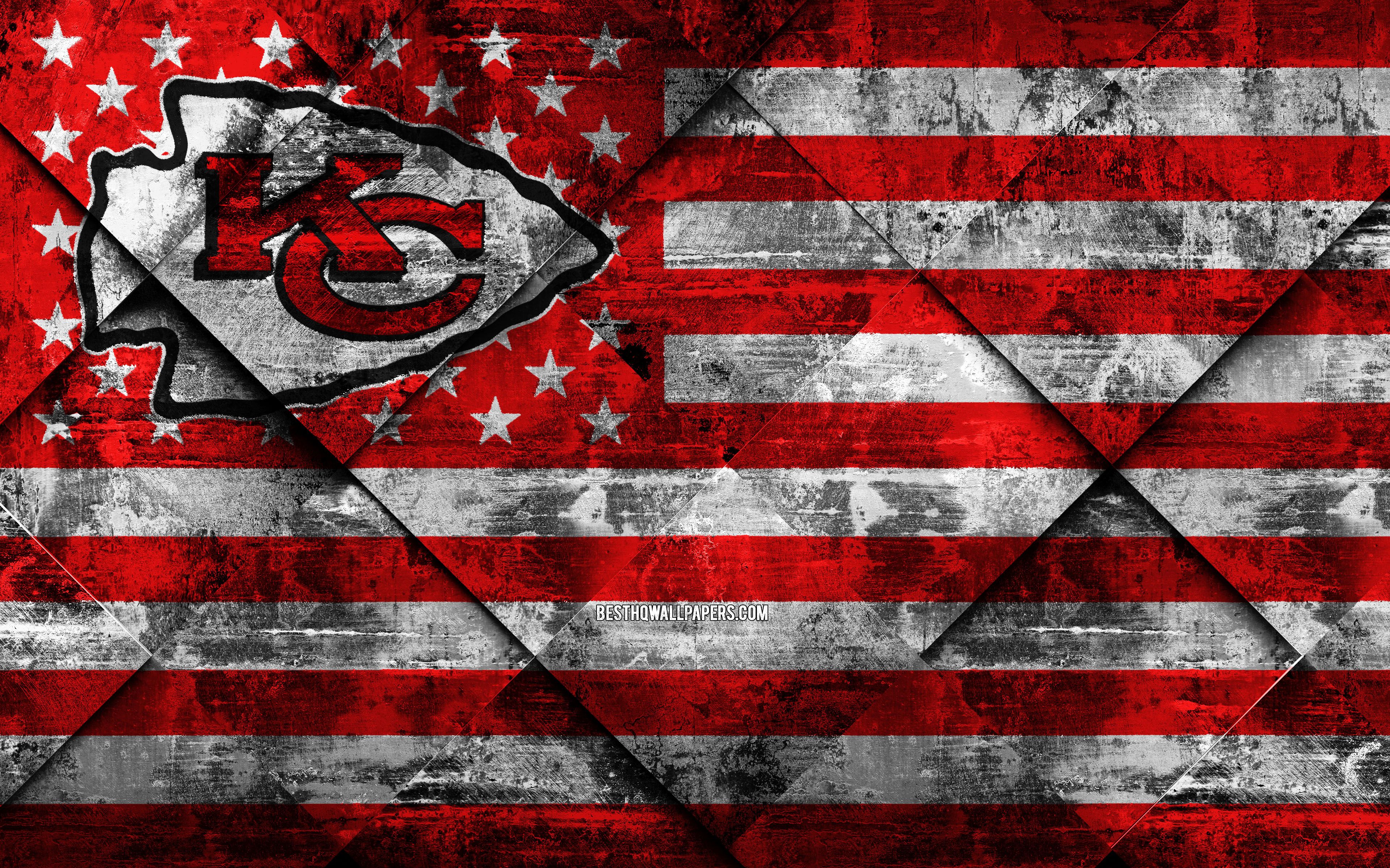 Download wallpaper Kansas City Chiefs, 4k, American football club, grunge art, grunge texture, American flag, NFL, Kansas City, Missouri, USA, National Football League, USA flag, American football for desktop with resolution 3840x2400