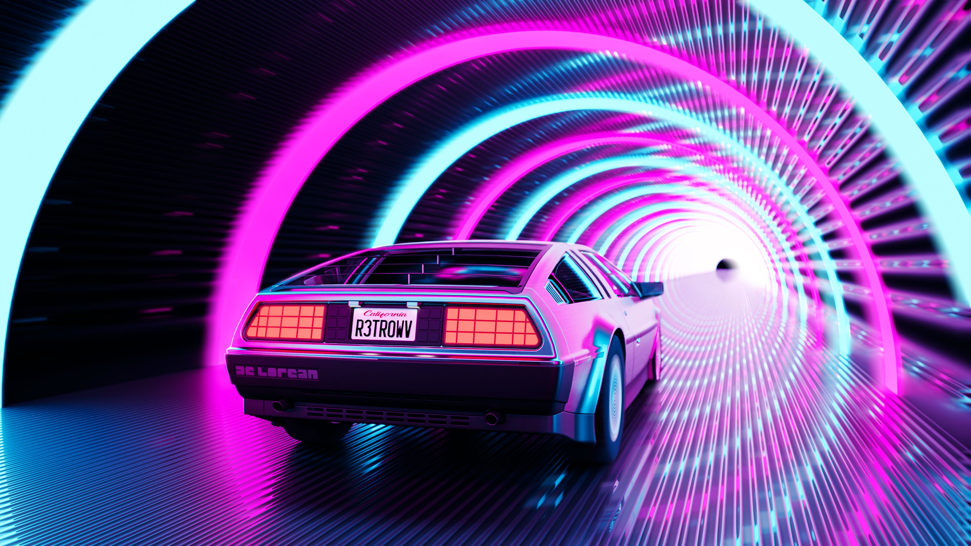 Car Artwork Retrowave Road Tunnel DeLorean DMC DeLorean Wallpaper:3840x2160