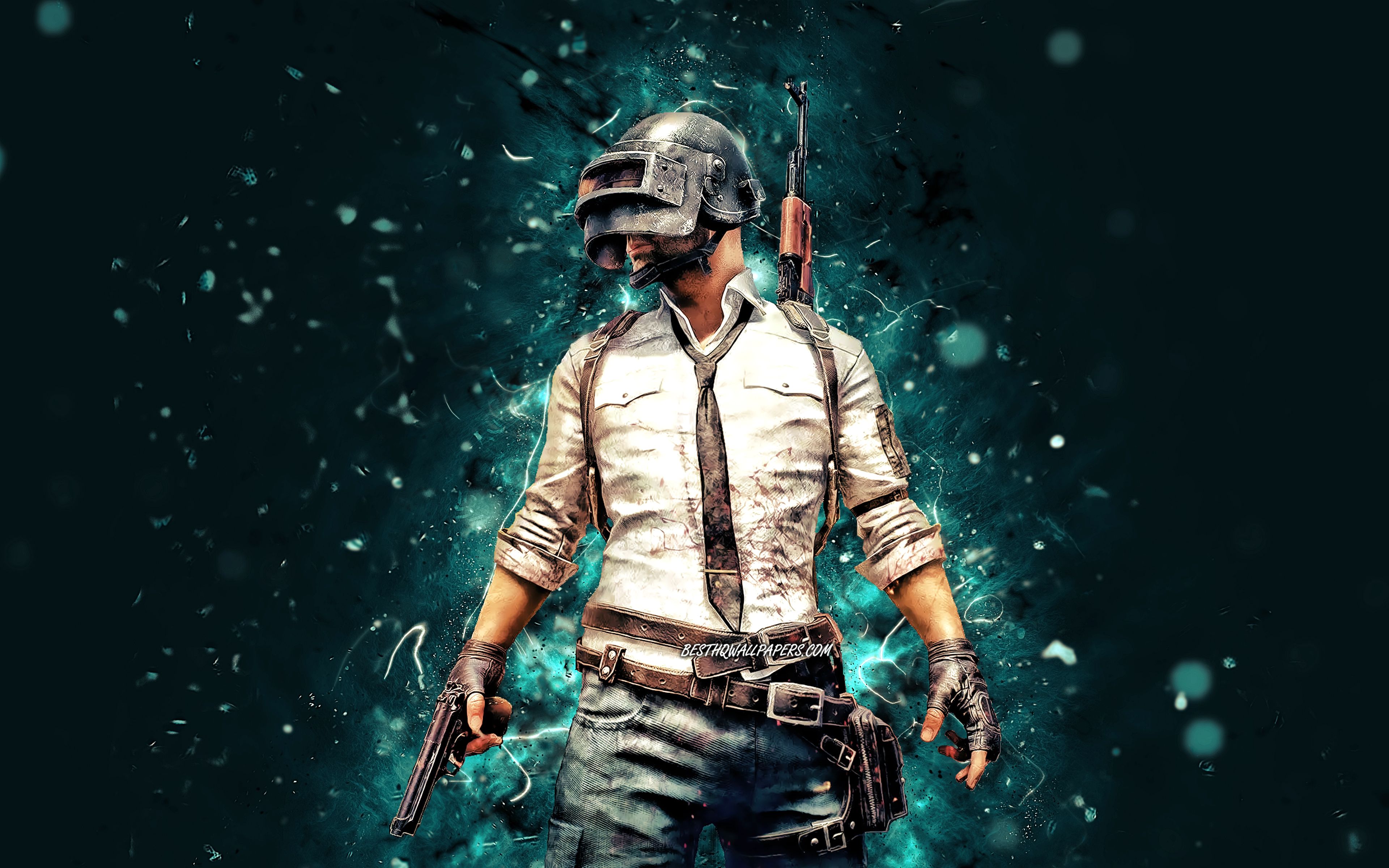 Download wallpaper PlayerUnknowns Battlegrounds 4k, blue neon lights, PUBG characters, main character, creative, PlayerUnknowns Battlegrounds character for desktop with resolution 3840x2400. High Quality HD picture wallpaper