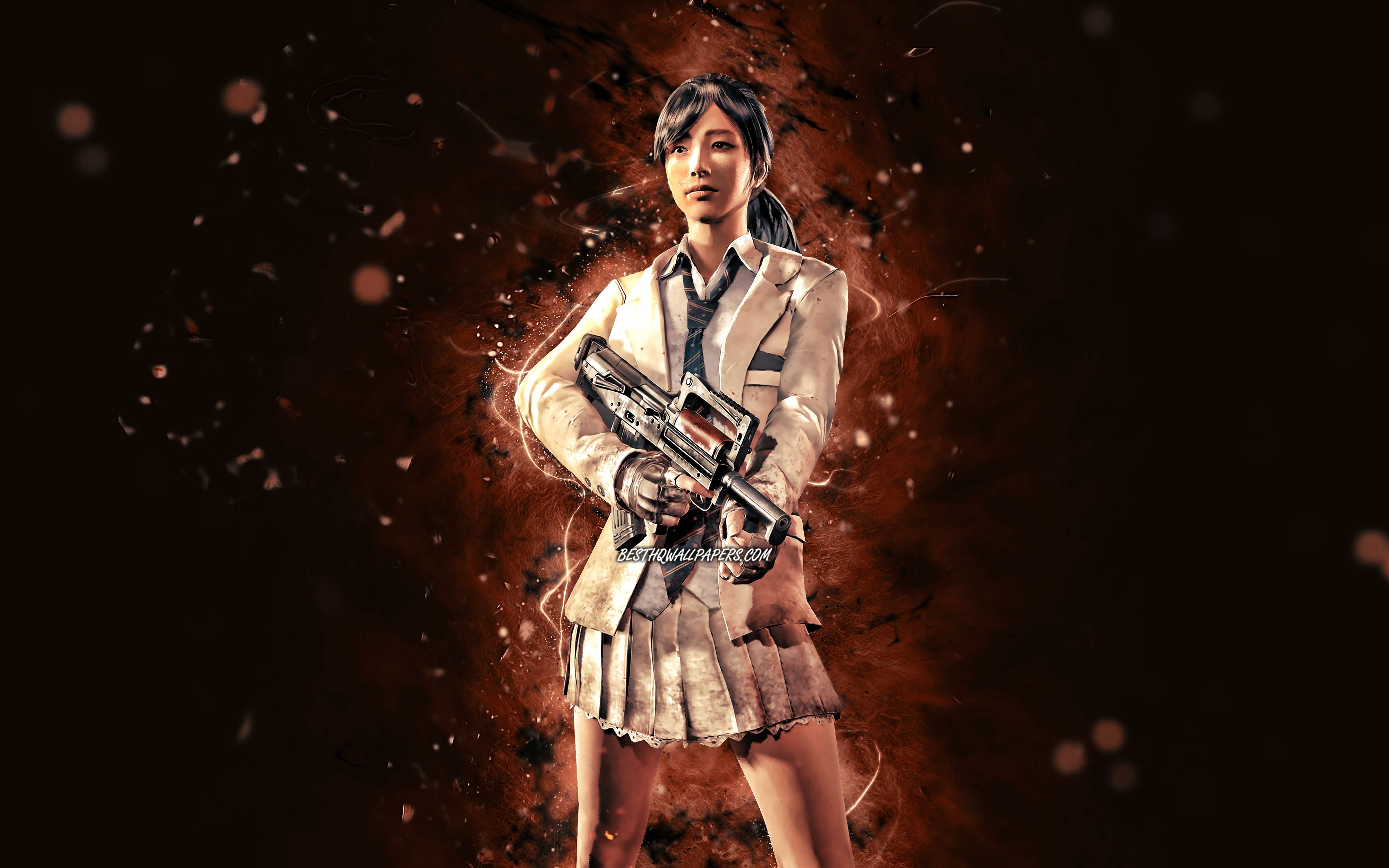 Download wallpaper Schoolgirl, 4k, brown neon lights, PUBG, PlayerUnknowns Battlegrounds, creative, PUBG characters, Schoolgirl PUBG for desktop with resolution 3840x2400. High Quality HD picture wallpaper