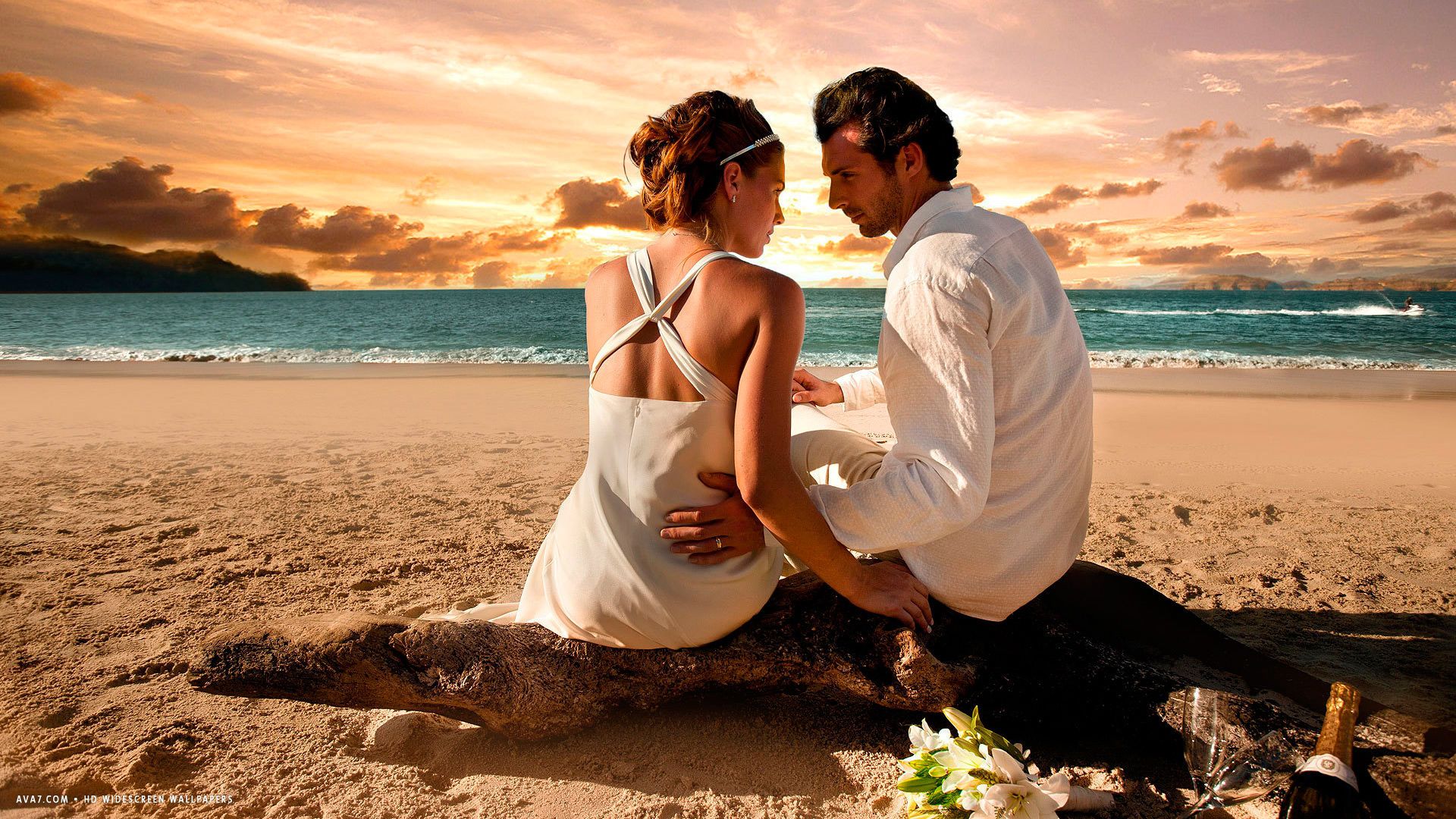 loving couple love beach sunset sea feelings HD widescreen wallpaper / romantic background