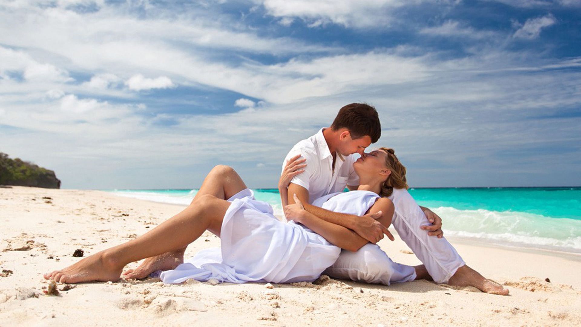 Couple Is Wearing White Dress Sitting On Beach Sand HD Couple Wallpaper