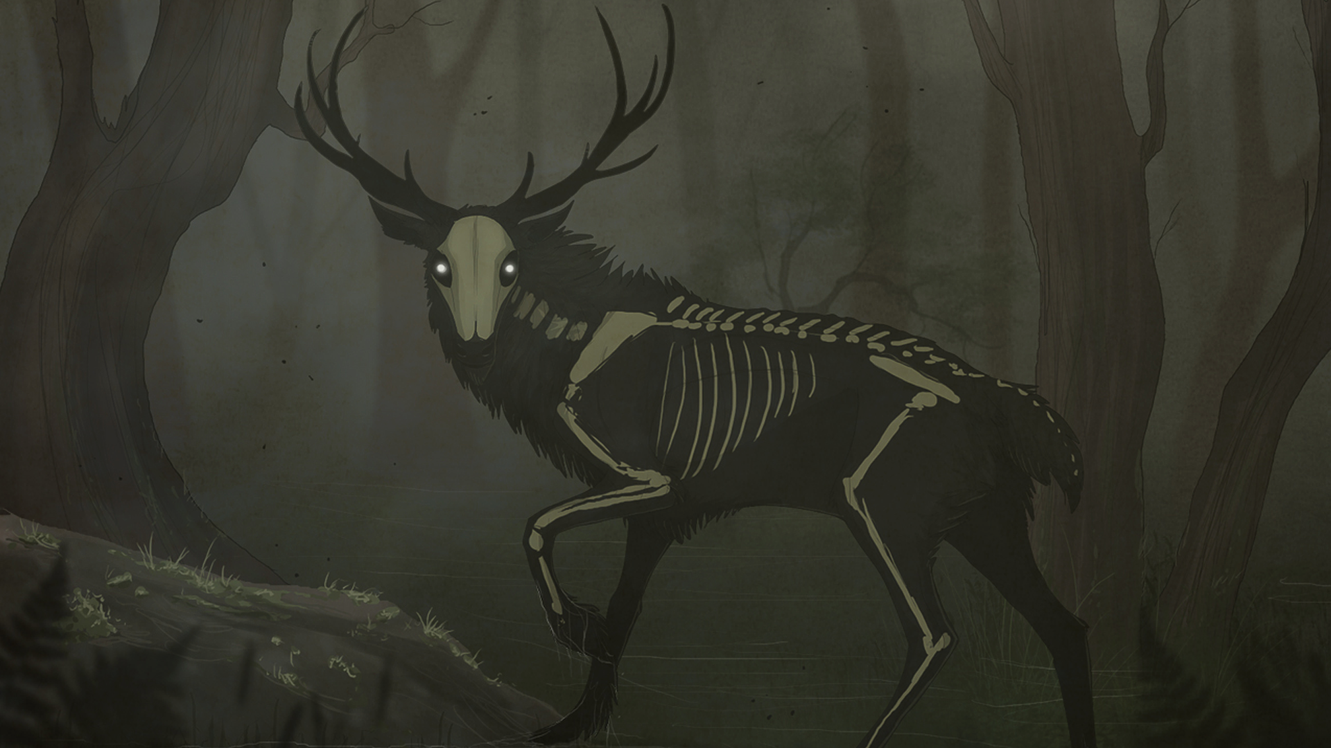 Wallpaper, creepy, creature, deer, skeleton, bones, skull, animals, glowing eyes, trees, forest 1920x1080