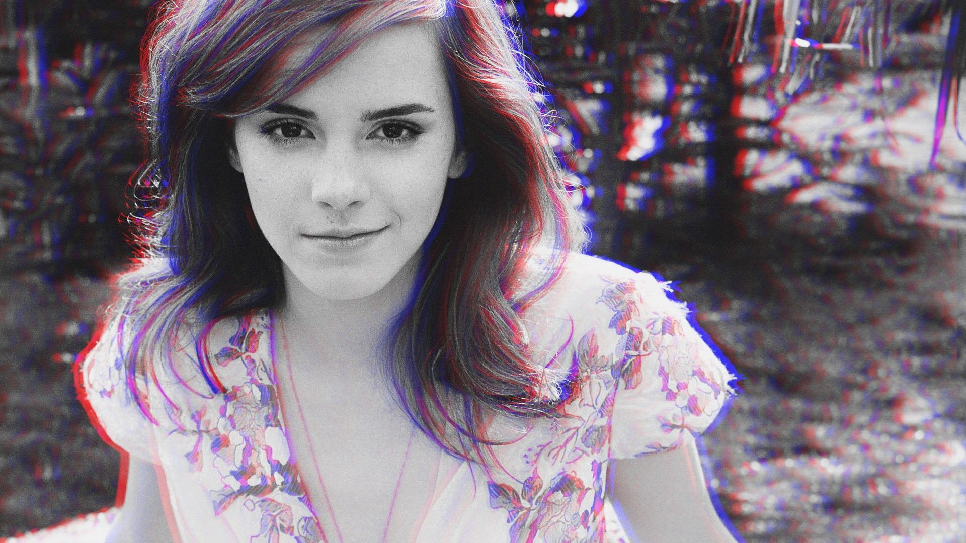 Emma Watson Anaglyph 3D Monochrome Actress Women Wallpaper:1920x1080