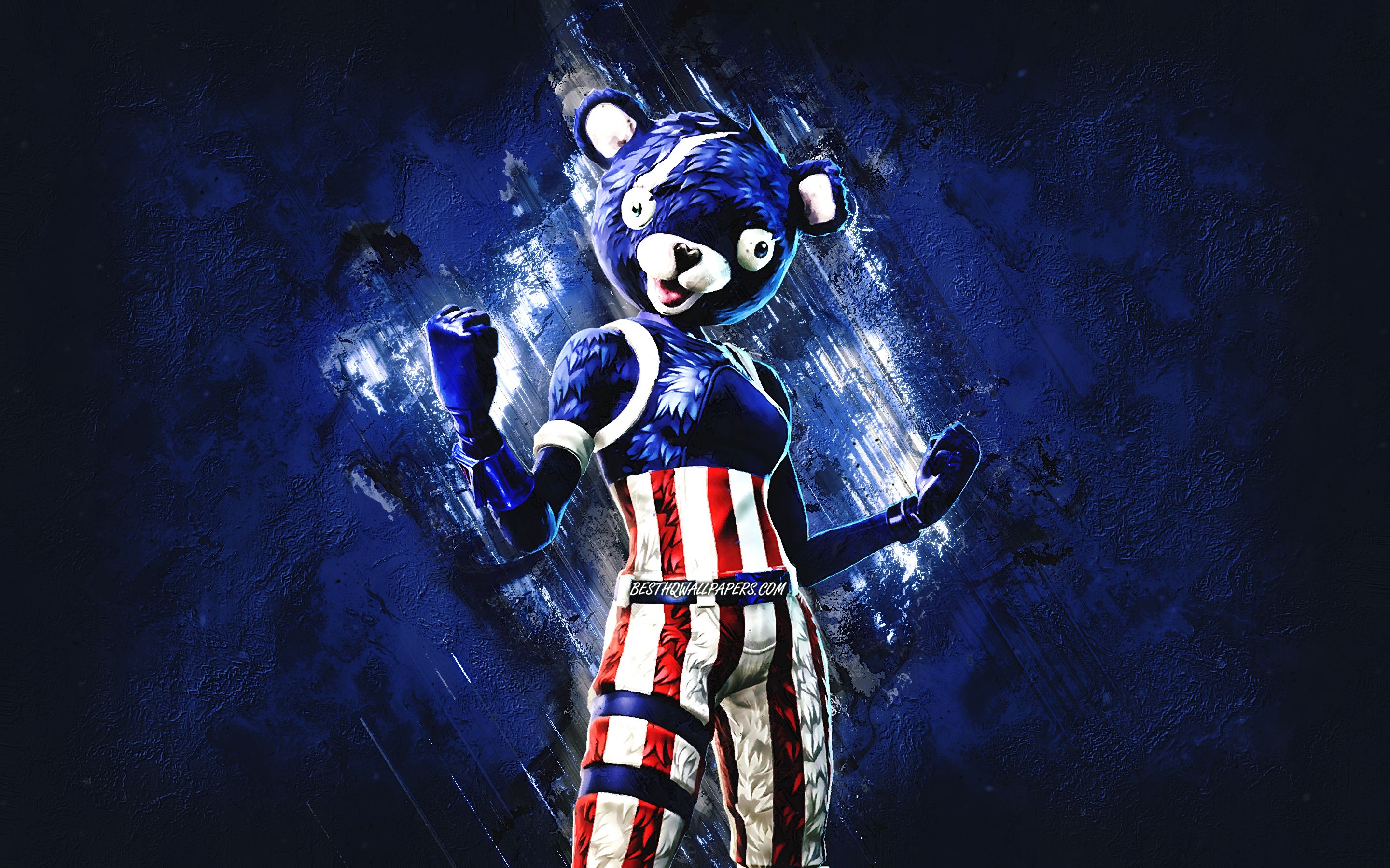 Download wallpaper Fortnite Fireworks Team Leader Skin, Fortnite, main characters, blue stone background, Fireworks Team Leader Skin, Fireworks Team Leader Fortnite, 4th of july bear fortnite for desktop with resolution 2880x1800. High
