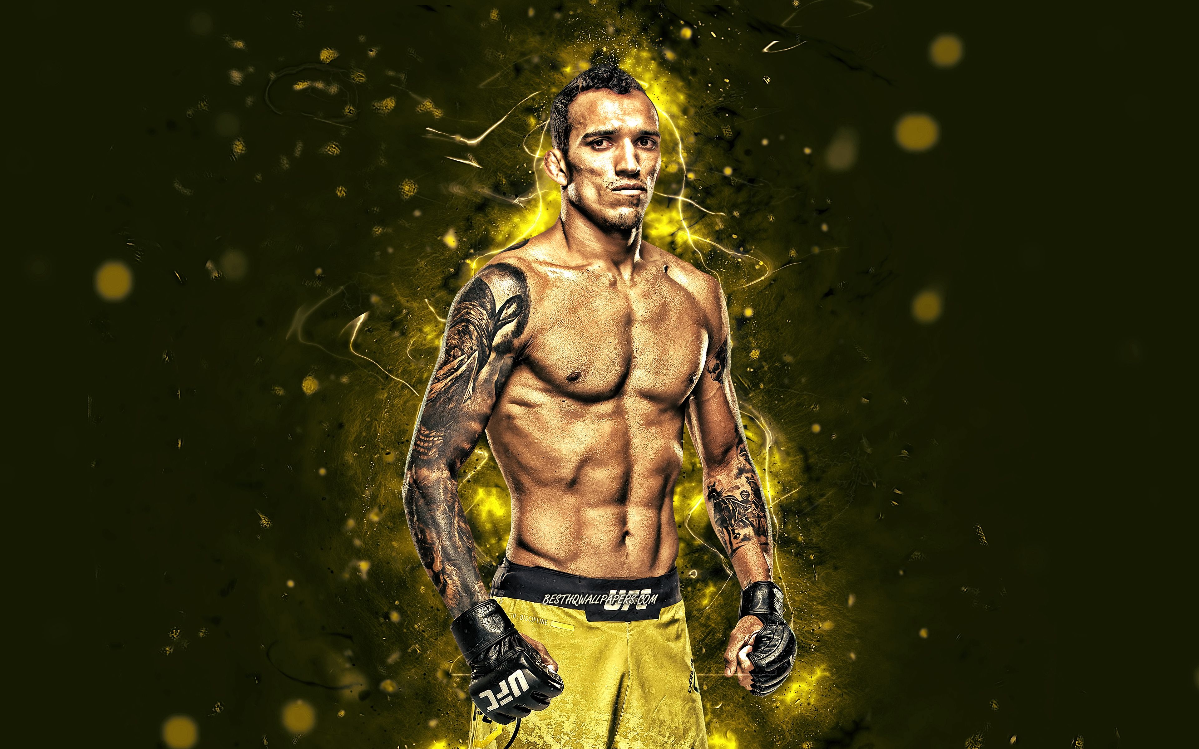 Download wallpaper Charles Oliveira, 4k, yellow neon lights, Brazilian fighters, MMA, UFC, female fighters, Mixed martial arts, Charles Oliveira 4K, UFC fighters, MMA fighters, Charles Oliveira da Silva for desktop with resolution